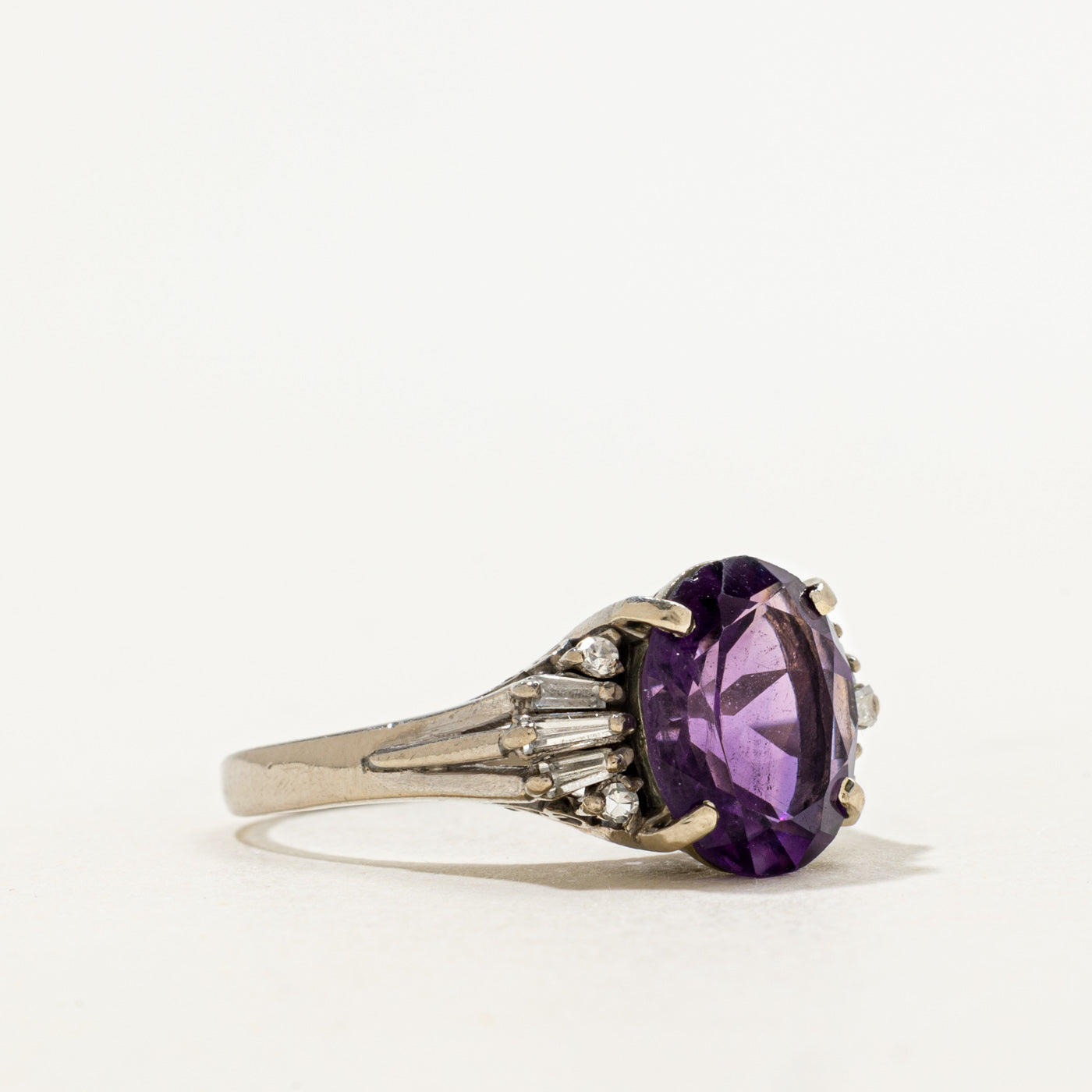 Oval Cut Amethyst & Diamond Accented Cocktail Ring | 3.50ct, 0.16ctw | SZ 7.75