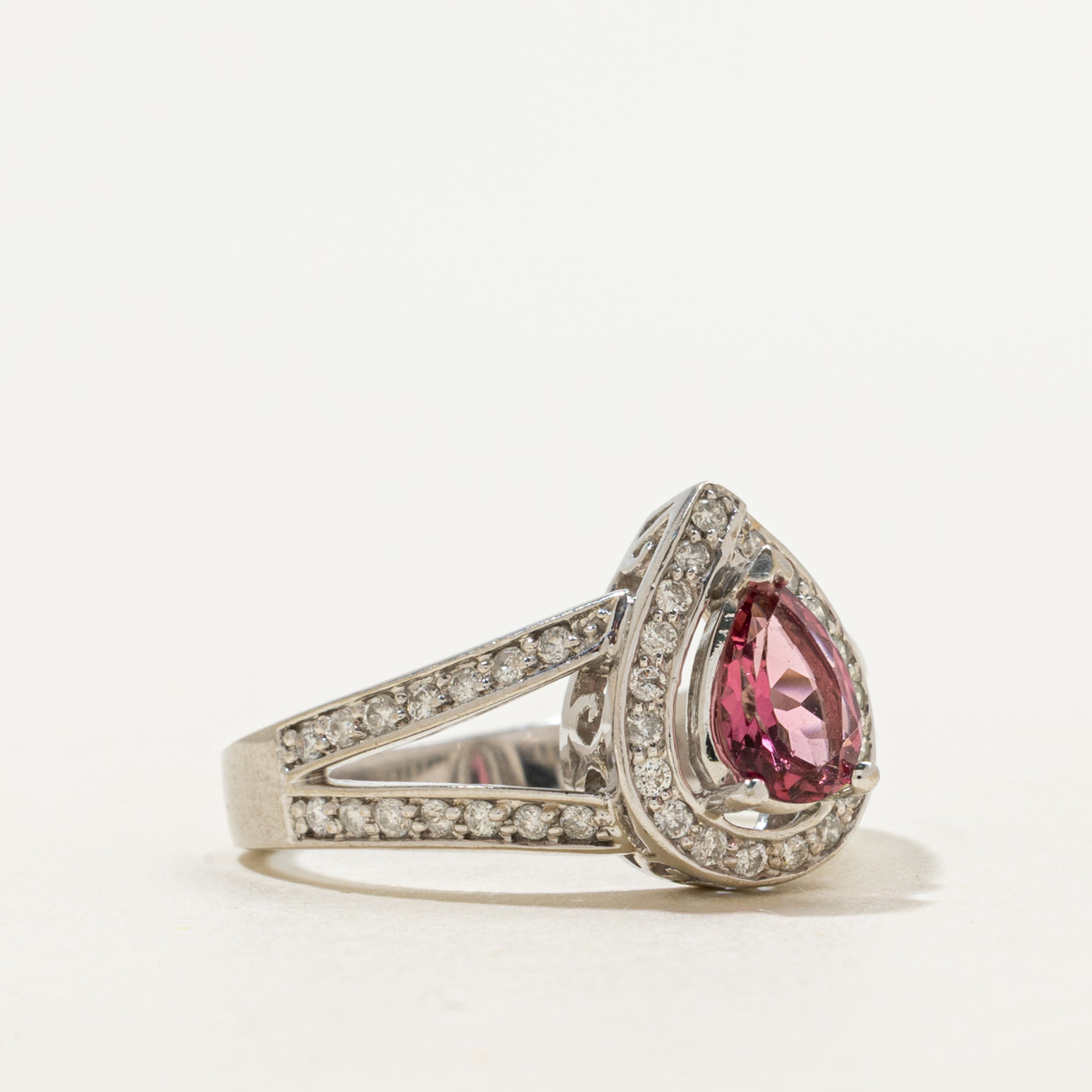 Pear Cut Pink Tourmaline & Diamond Halo Ring | 0.75ct, 0.24ctw | SZ 6.5