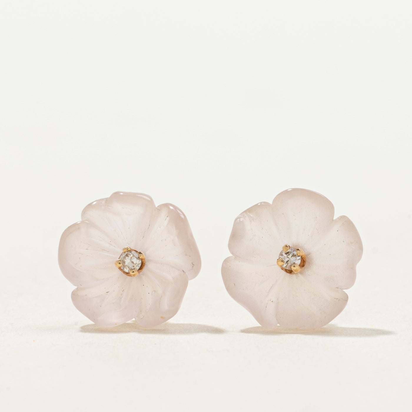 Carved Rose Quartz & White Sapphire Flower Stud Earrings | 2.75ctw, 0.025ctw