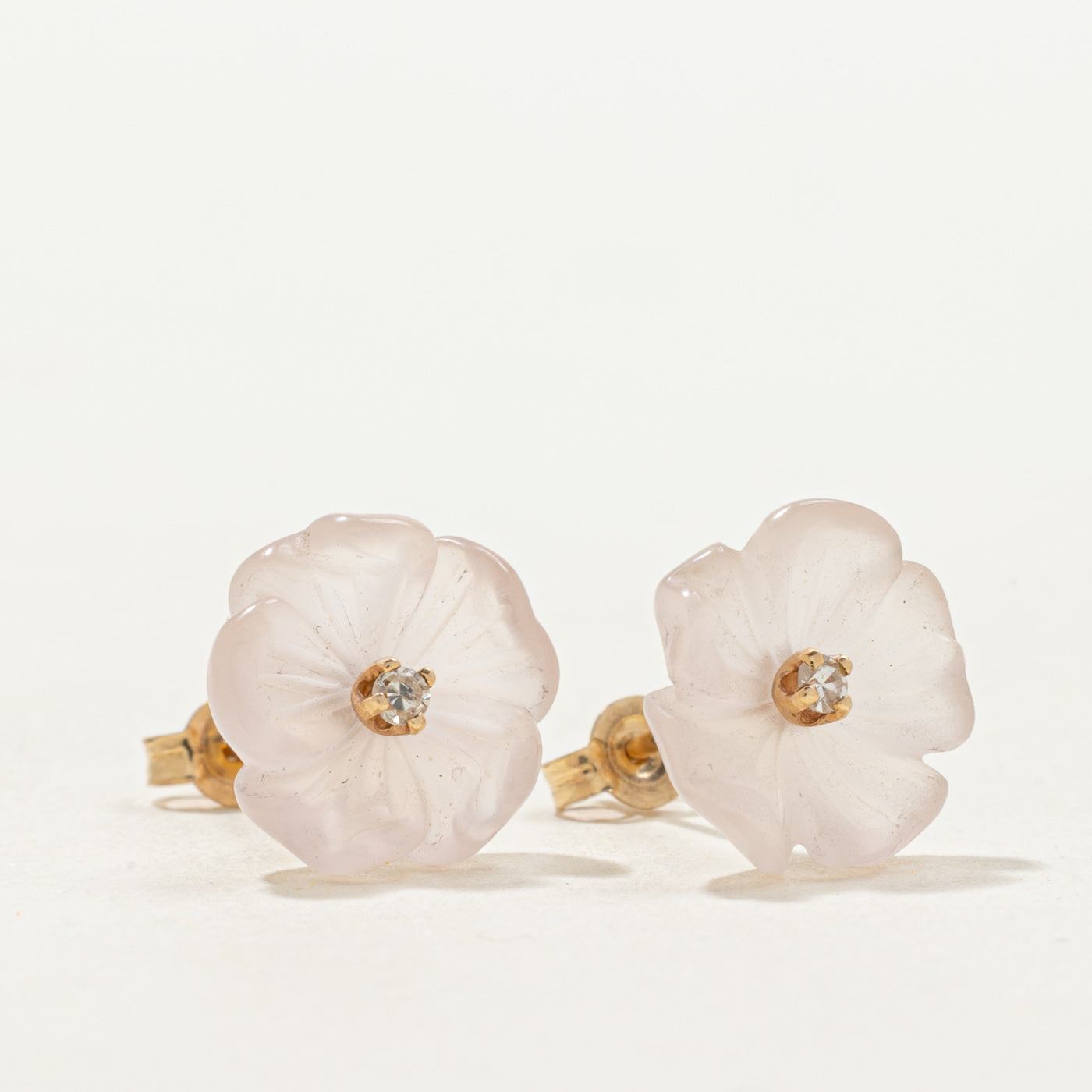 Carved Rose Quartz & White Sapphire Flower Stud Earrings | 2.75ctw, 0.025ctw