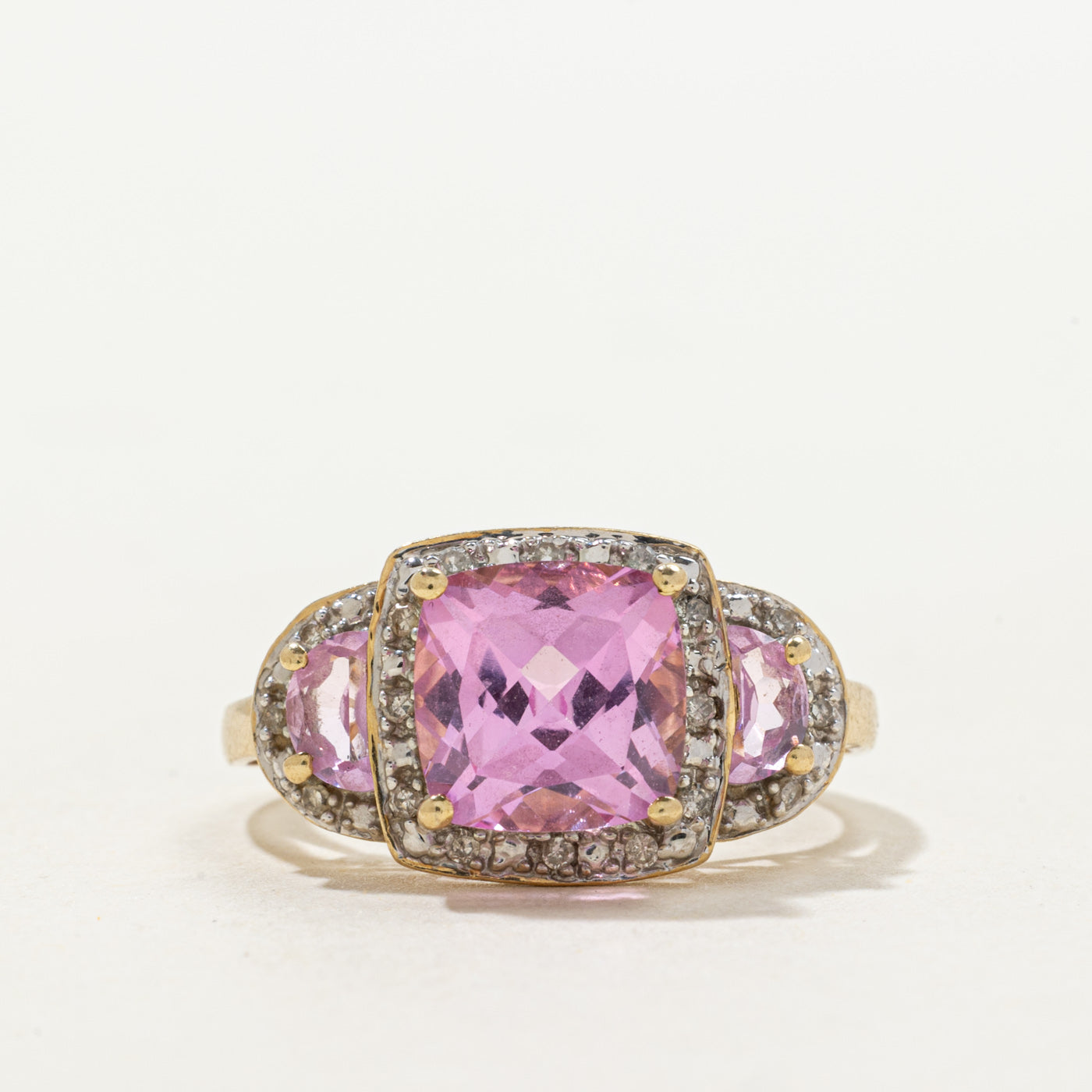 Synthetic Pink Sapphire & Diamond Halo Ring | 3.75ctw, 0.09ctw | SZ 6.5