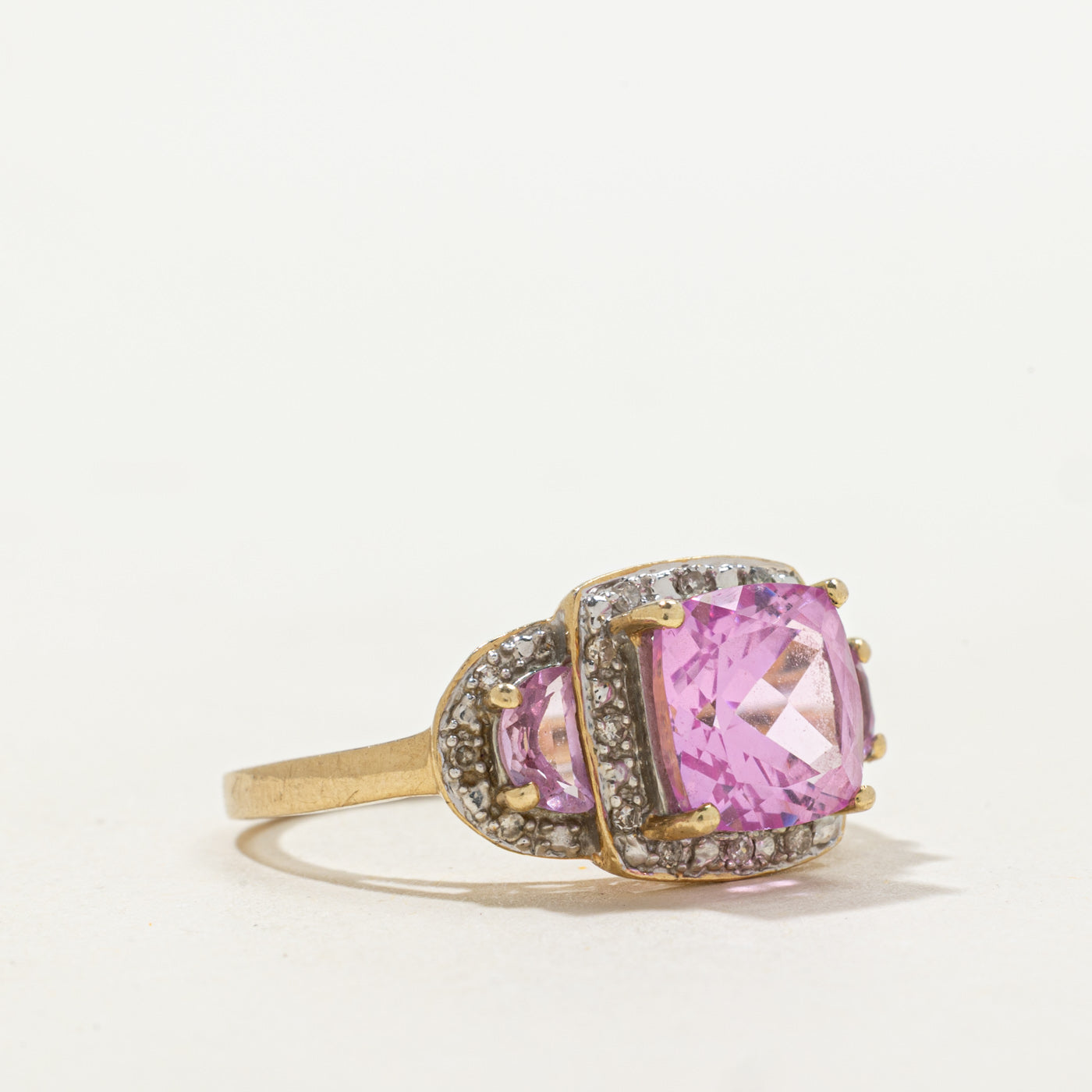 Synthetic Pink Sapphire & Diamond Halo Ring | 3.75ctw, 0.09ctw | SZ 6.5