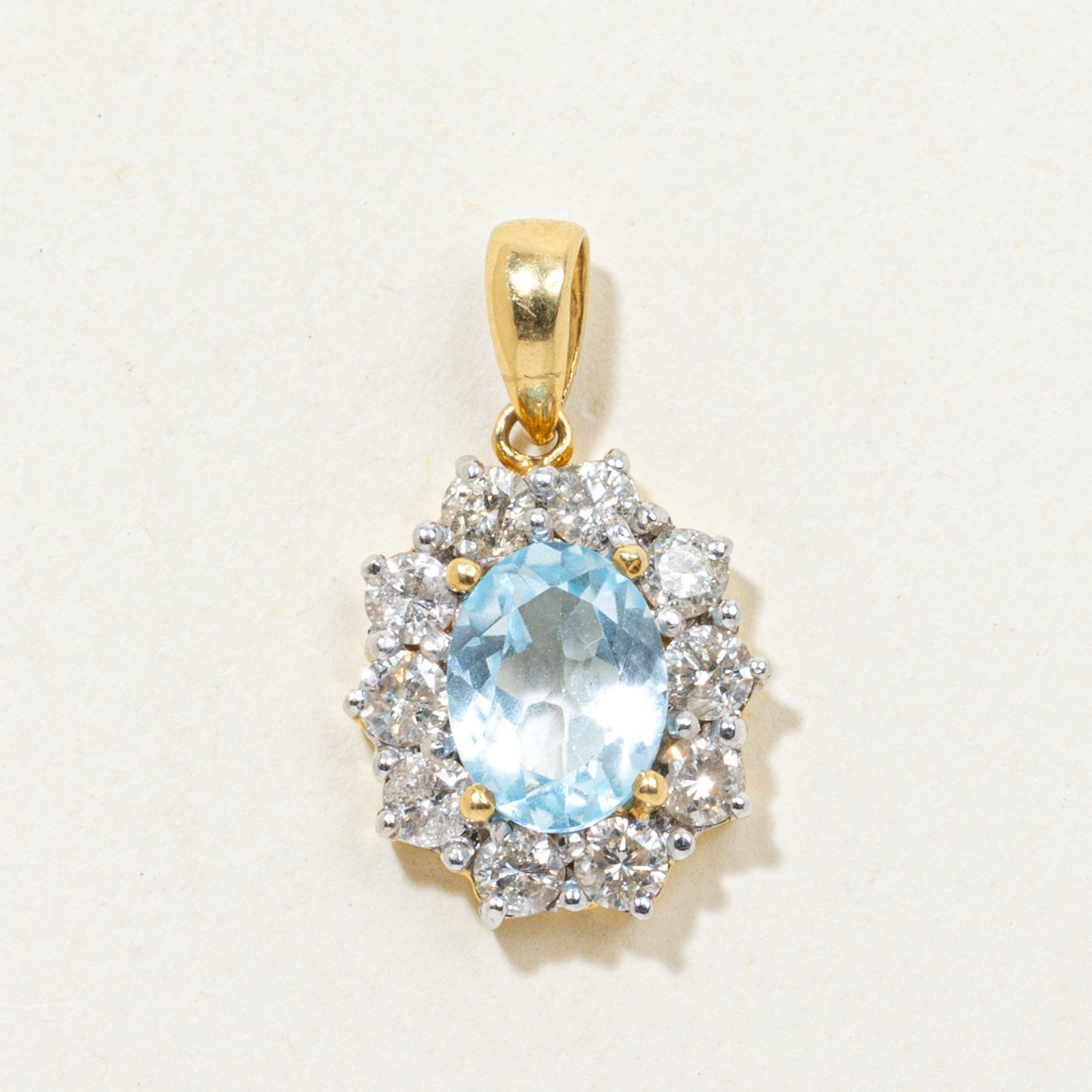 Oval Cut Blue Topaz & Diamond Petal Halo Pendant | 1.05ct, 0.75ctw