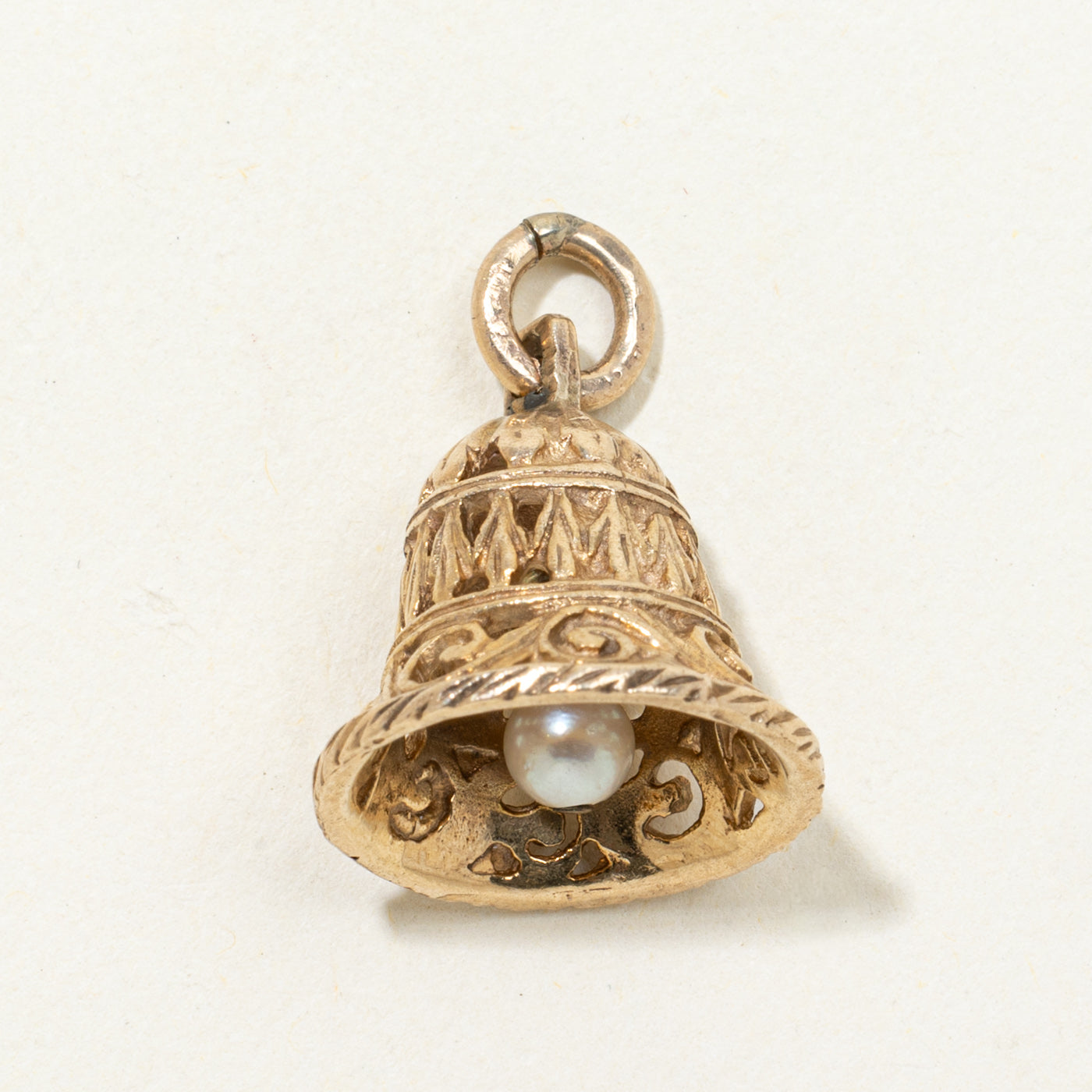 Pearl Accented Ornate Engraved Bell Charm | 3.70mm