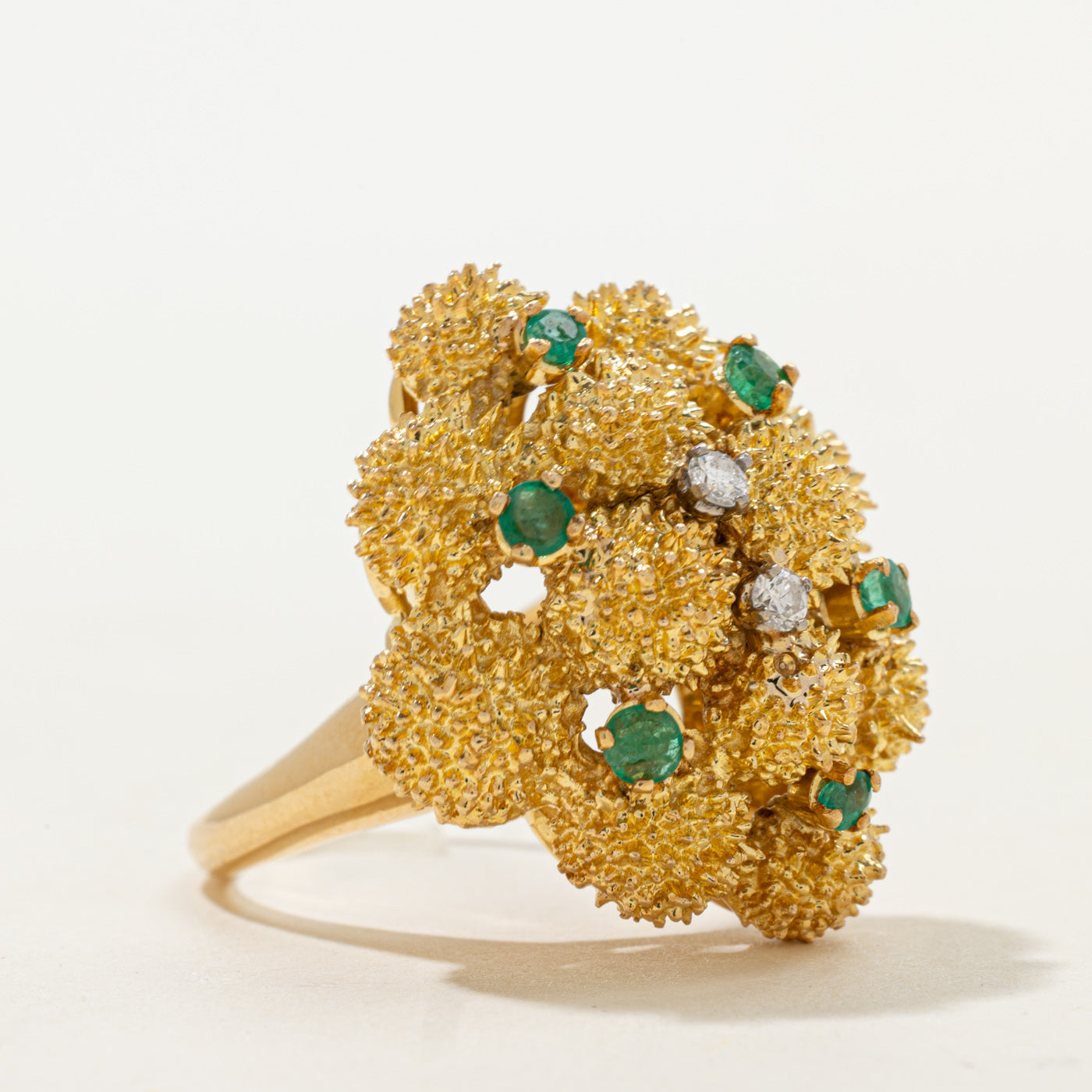 Emerald & Diamond Textured Cocktail Ring | 0.24ctw, 0.07ctw | SZ 8.5