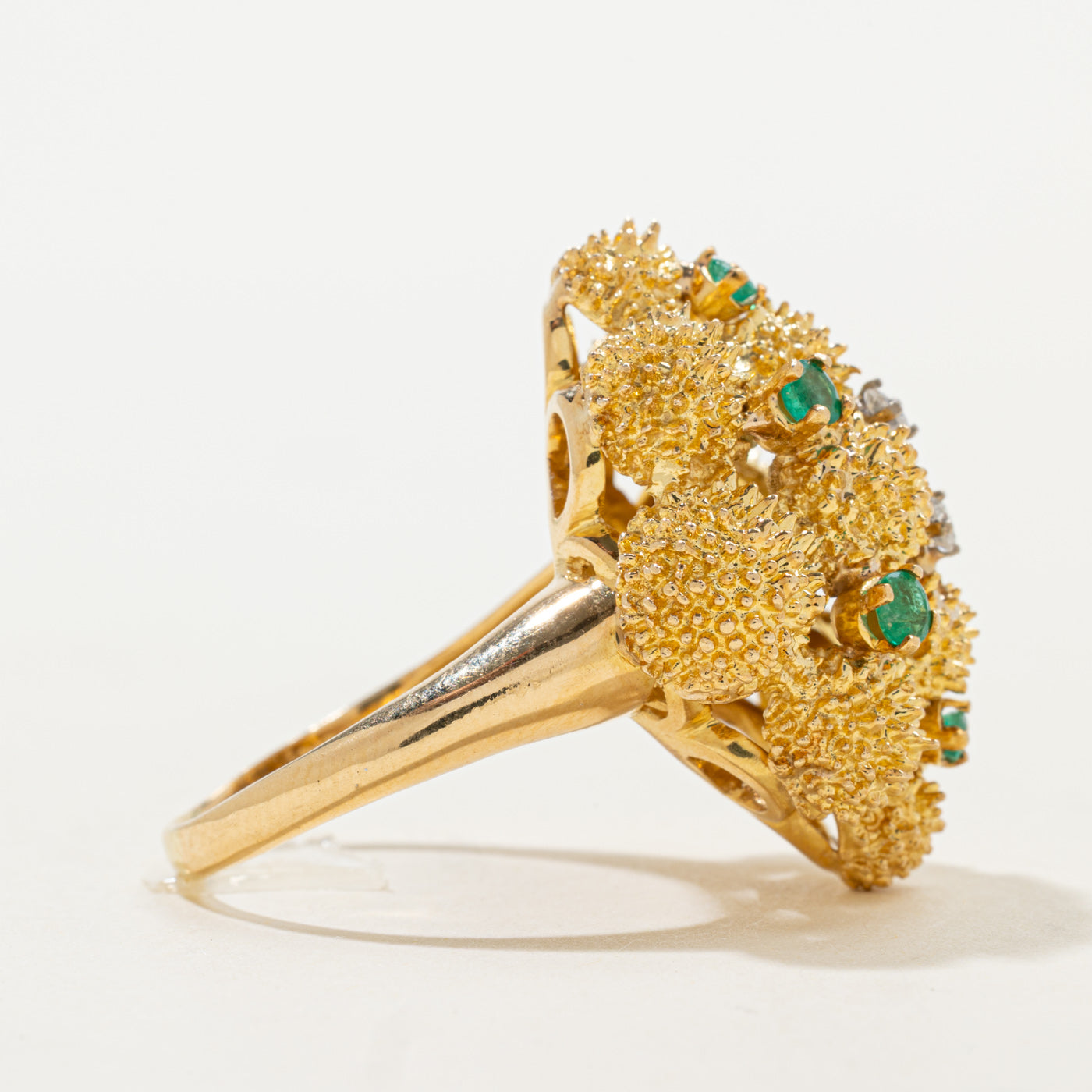Emerald & Diamond Textured Cocktail Ring | 0.24ctw, 0.07ctw | SZ 8.5