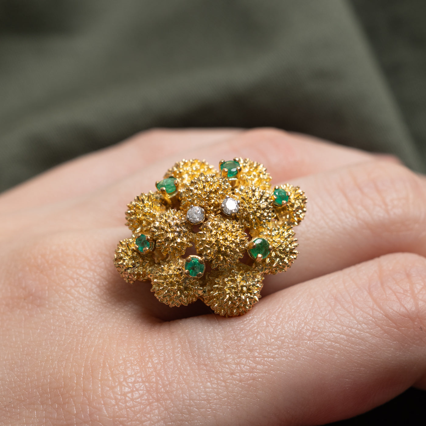 Emerald & Diamond Textured Cocktail Ring | 0.24ctw, 0.07ctw | SZ 8.5