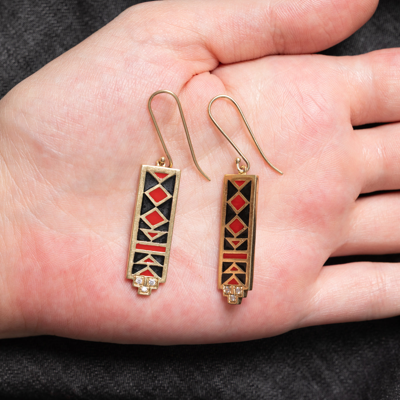 Red & Black Enamel, Pasté Glass Drop Earrings | 0.06ctw