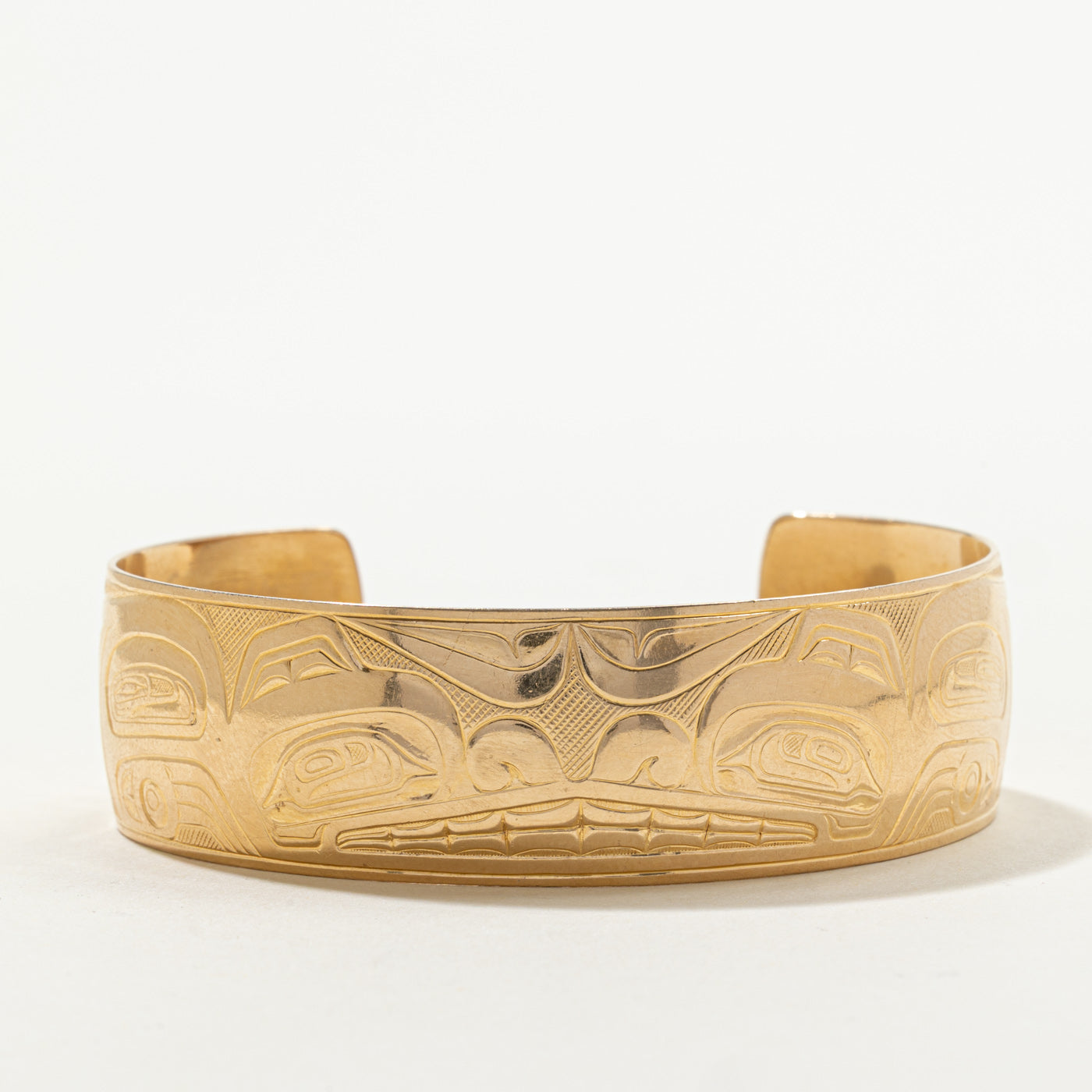 14k Yellow Gold Indigenous Bear Engraved Cuff Bracelet | 6.25"