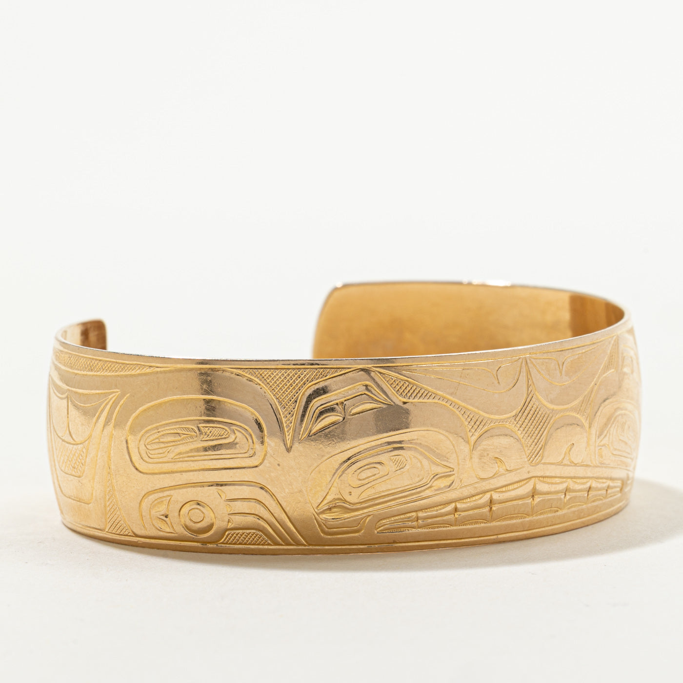 14k Yellow Gold Indigenous Bear Engraved Cuff Bracelet | 6.25"