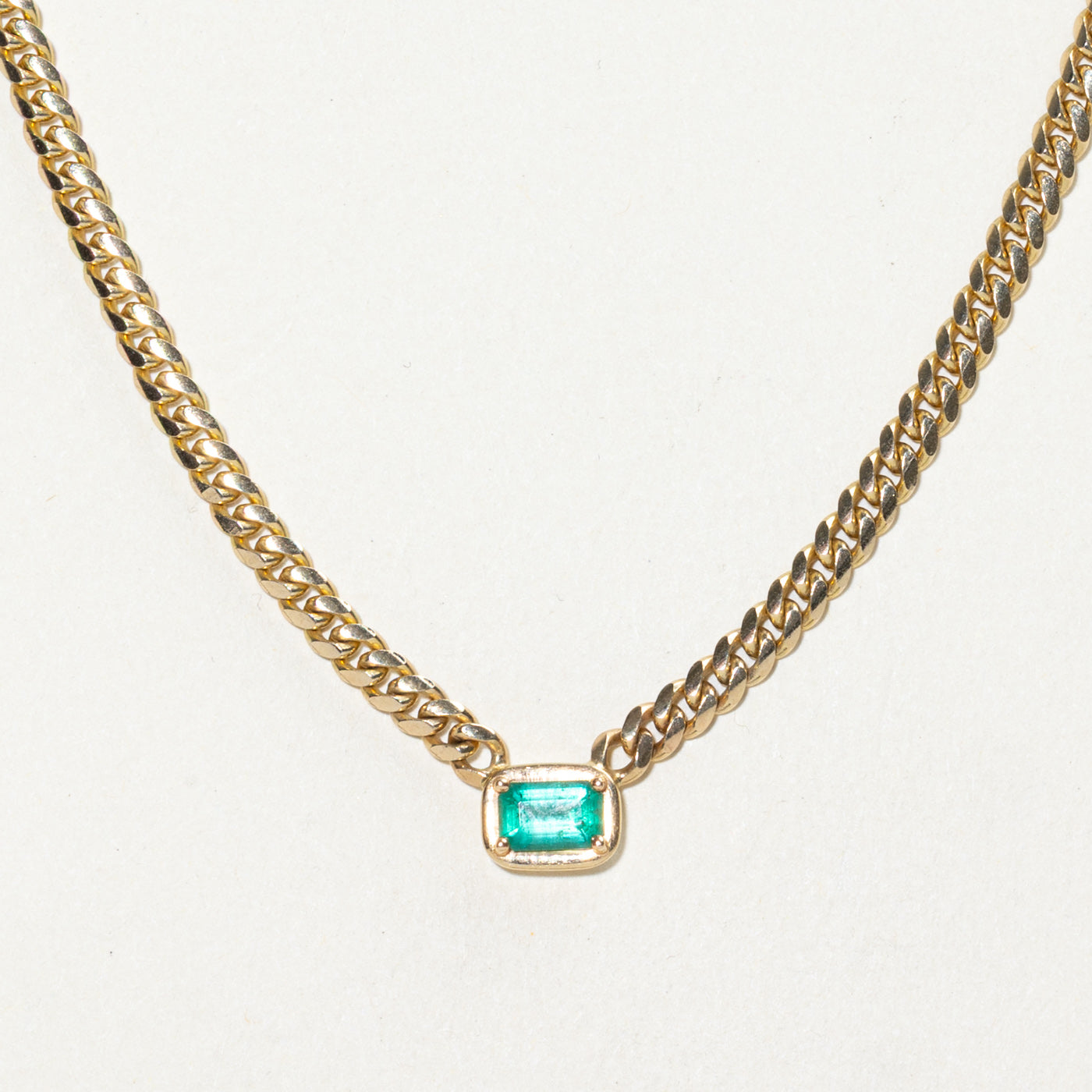 Solitaire Emerald Pendant Curb Chain Choker Necklace | 0.46ct | 14"