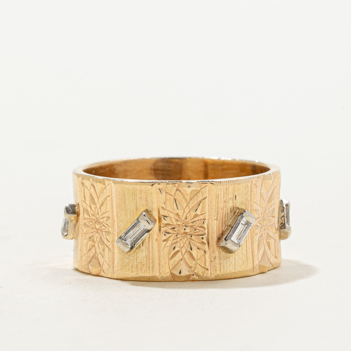 'Birks' Four Baguette Cut Diamond Engraved Cigar Band | 0.08ctw | 9.85mm | SZ 8.5