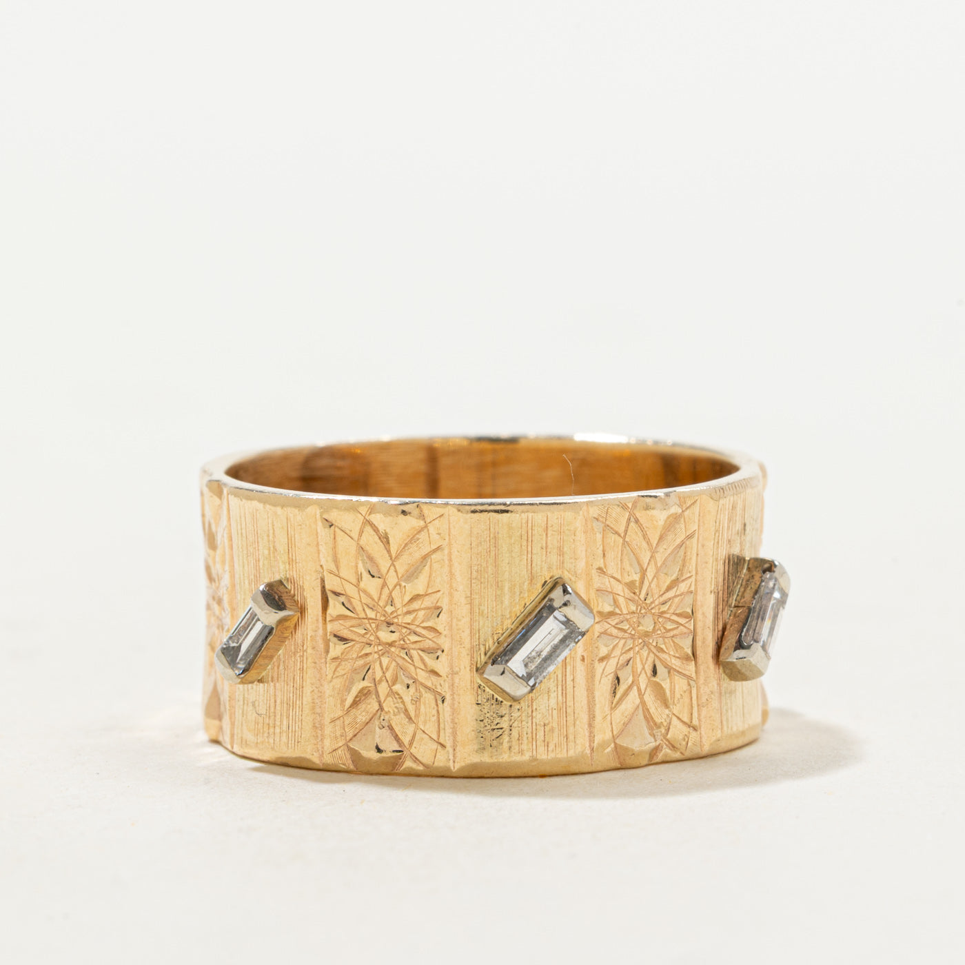'Birks' Four Baguette Cut Diamond Engraved Cigar Band | 0.08ctw | 9.85mm | SZ 8.5