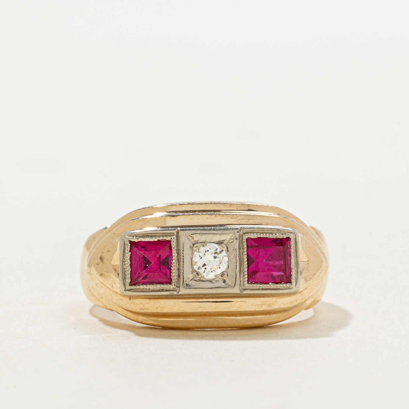 Art Deco Synthetic Ruby & Diamond Panel Ring | 0.66ctw, 0.08ct | SZ 7.5