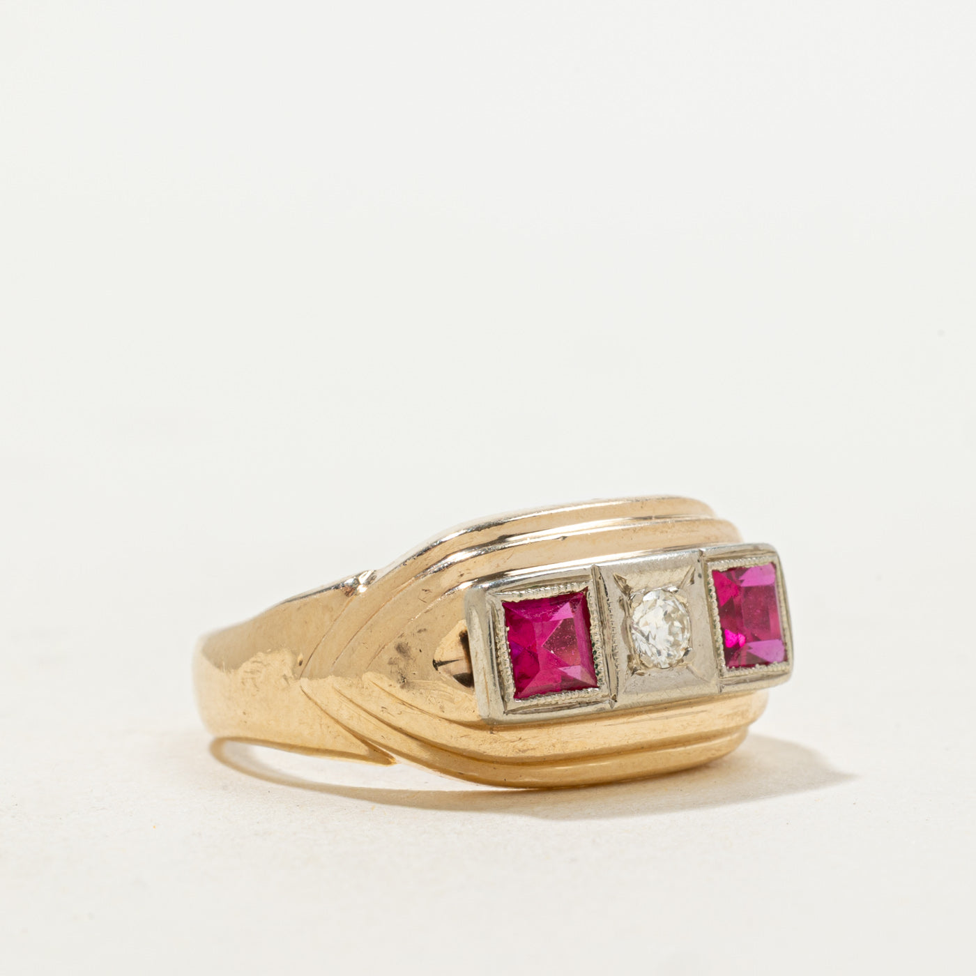 Art Deco Synthetic Ruby & Diamond Panel Ring | 0.66ctw, 0.08ct | SZ 7.5