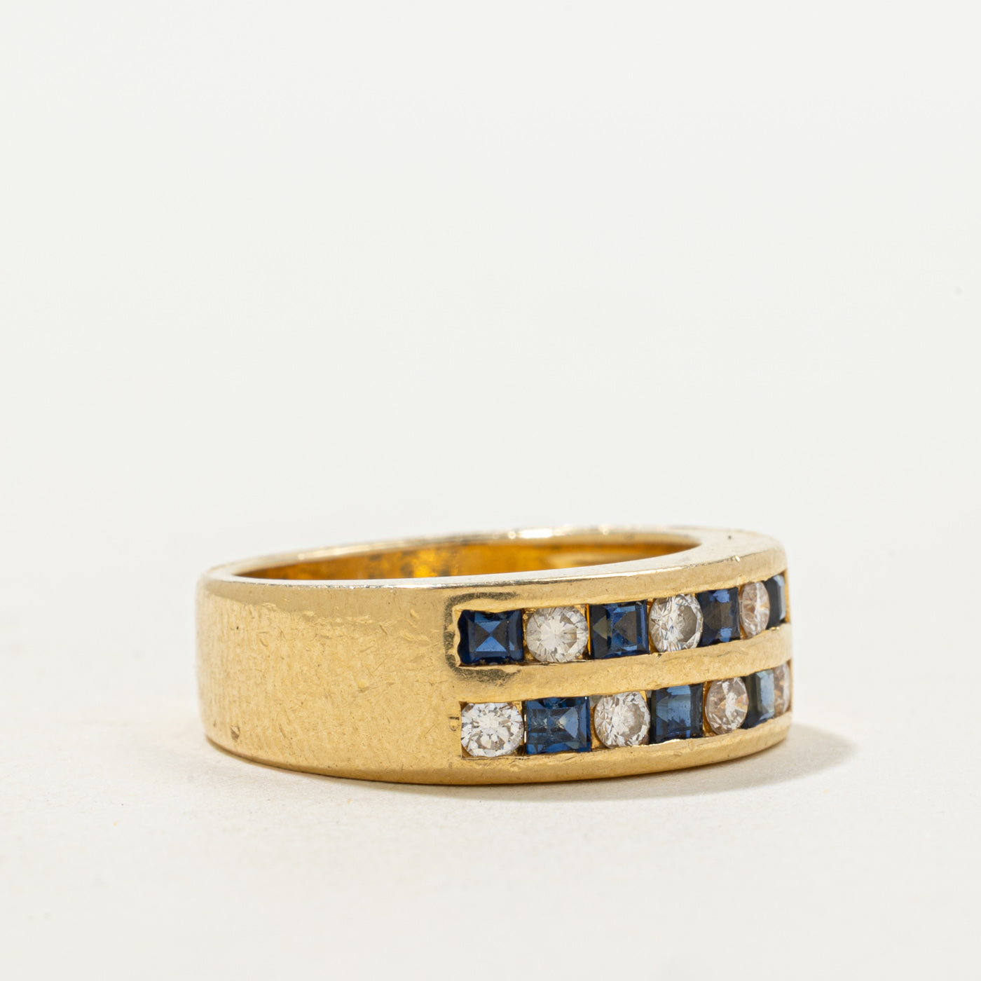 'Birks' Channel Set Sapphire & Diamond Double Row Band | 0.50ctw, 0.35ctw | SZ 6.5