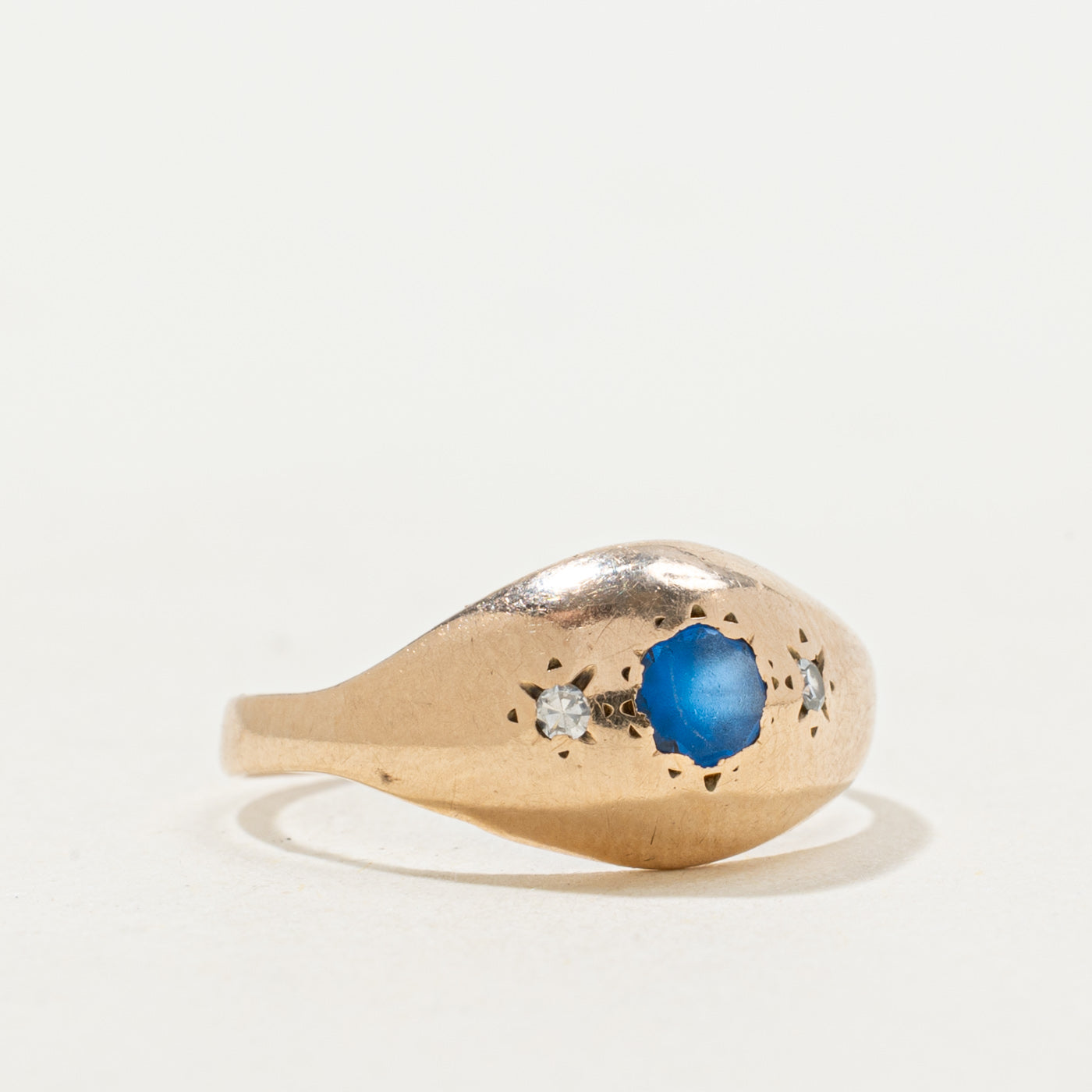 Blue Glass & Diamond Star Set Dome Ring | 0.15ct, 0.02ctw | SZ 4