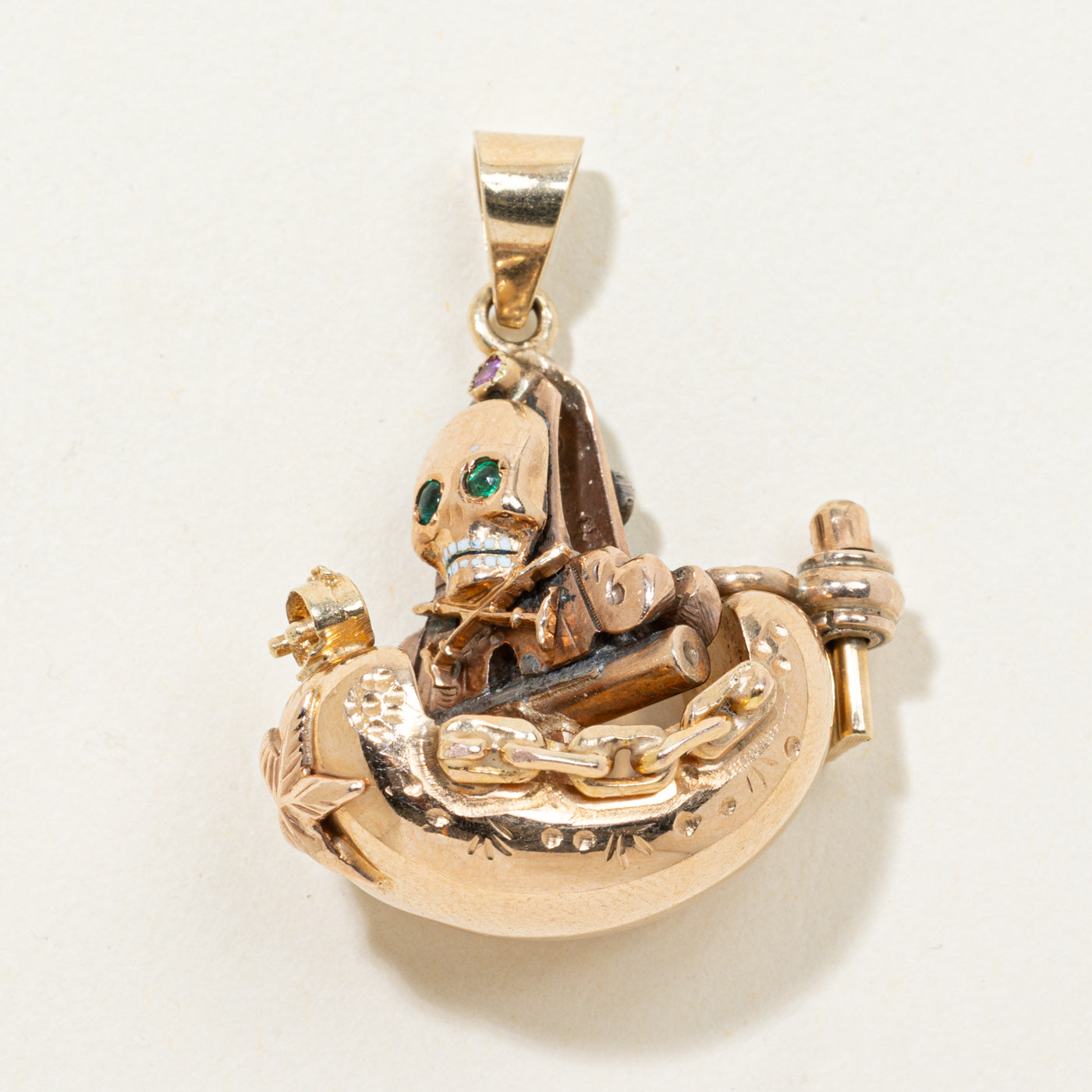 Synthetic Ruby & Enamel Pirate Ship Pendant | 0.02ctw