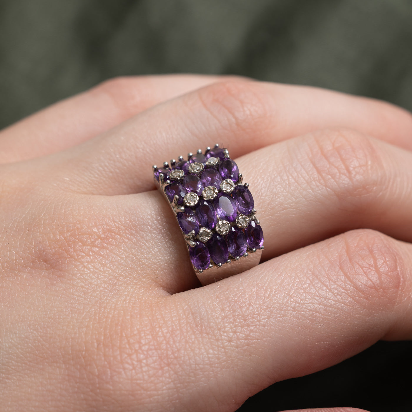 Sterling Silver Amethyst & Diamond Grid Ring | 2.08ctw, 0.04ctw | SZ 7.25