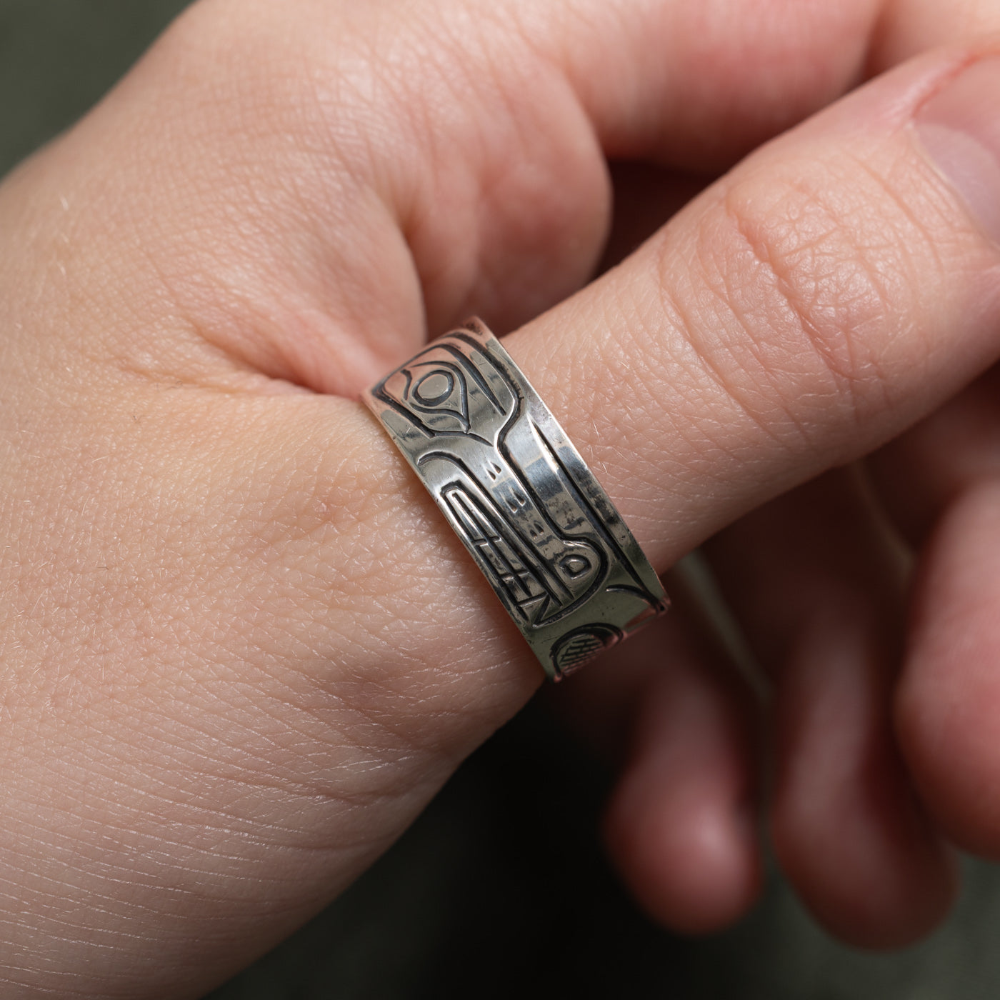'J.R.W.' Sterling Silver Indigenous Engraved Band | 9.55mm | SZ 12