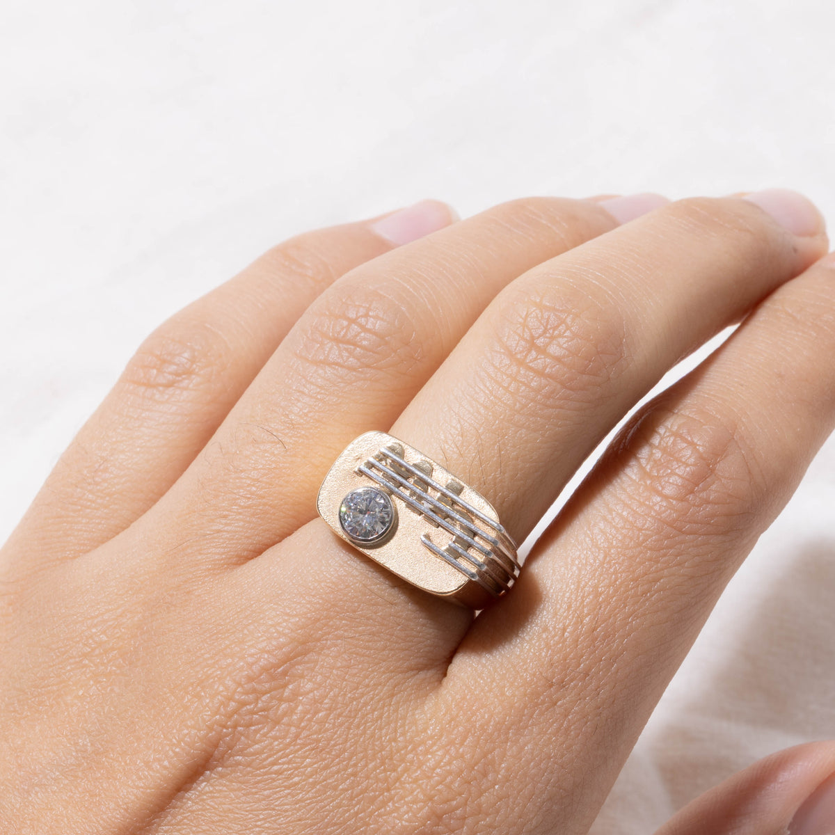 Solitaire Bezel Set Diamond "MB" Initial Grooved Signet Ring | 0.50ct SI1 H | SZ 7