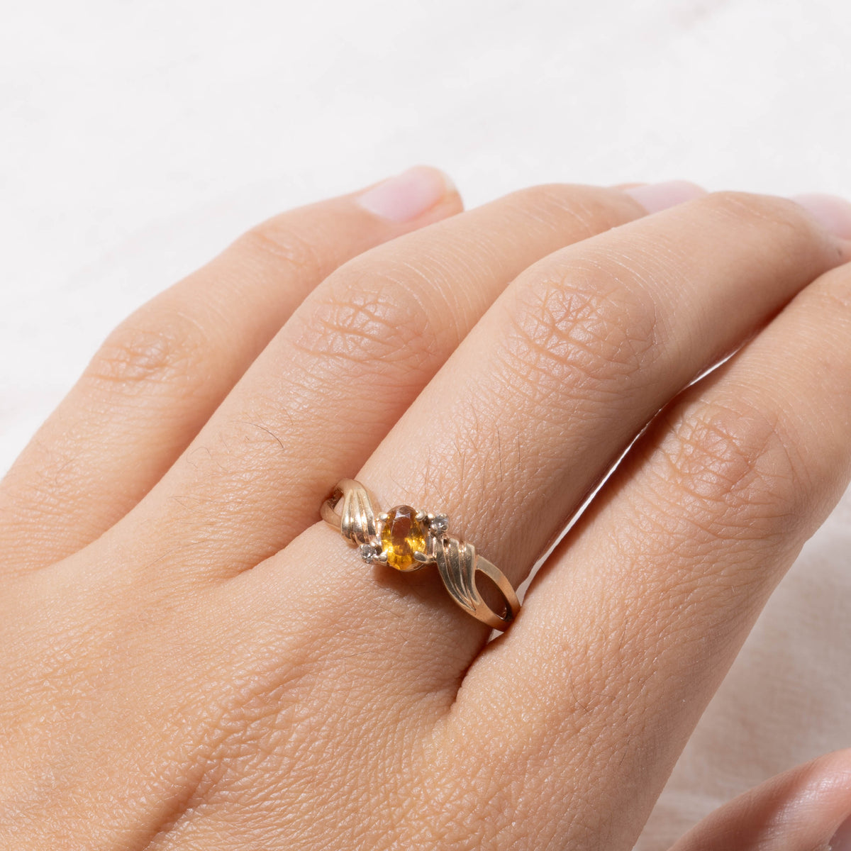 10k Citrine & Diamond Accented Grooved Bypass Ring | SZ 8.5