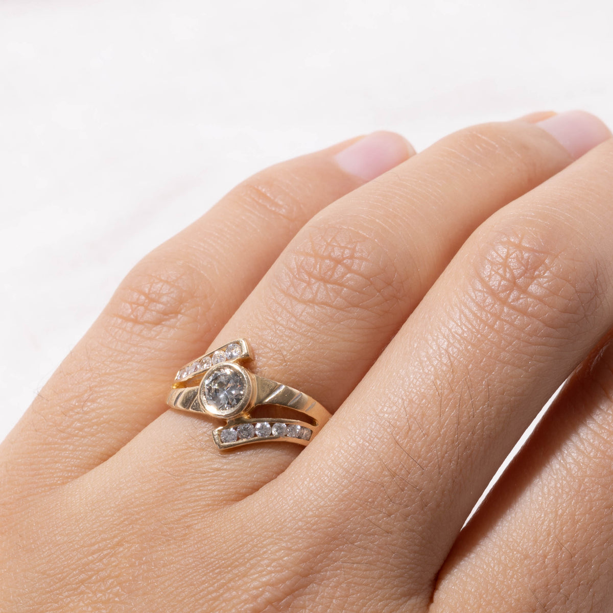 14k Bezel Set Diamond Bypass Ring | 0.31ct VS2 G/H, 0.12ctw | SZ 6