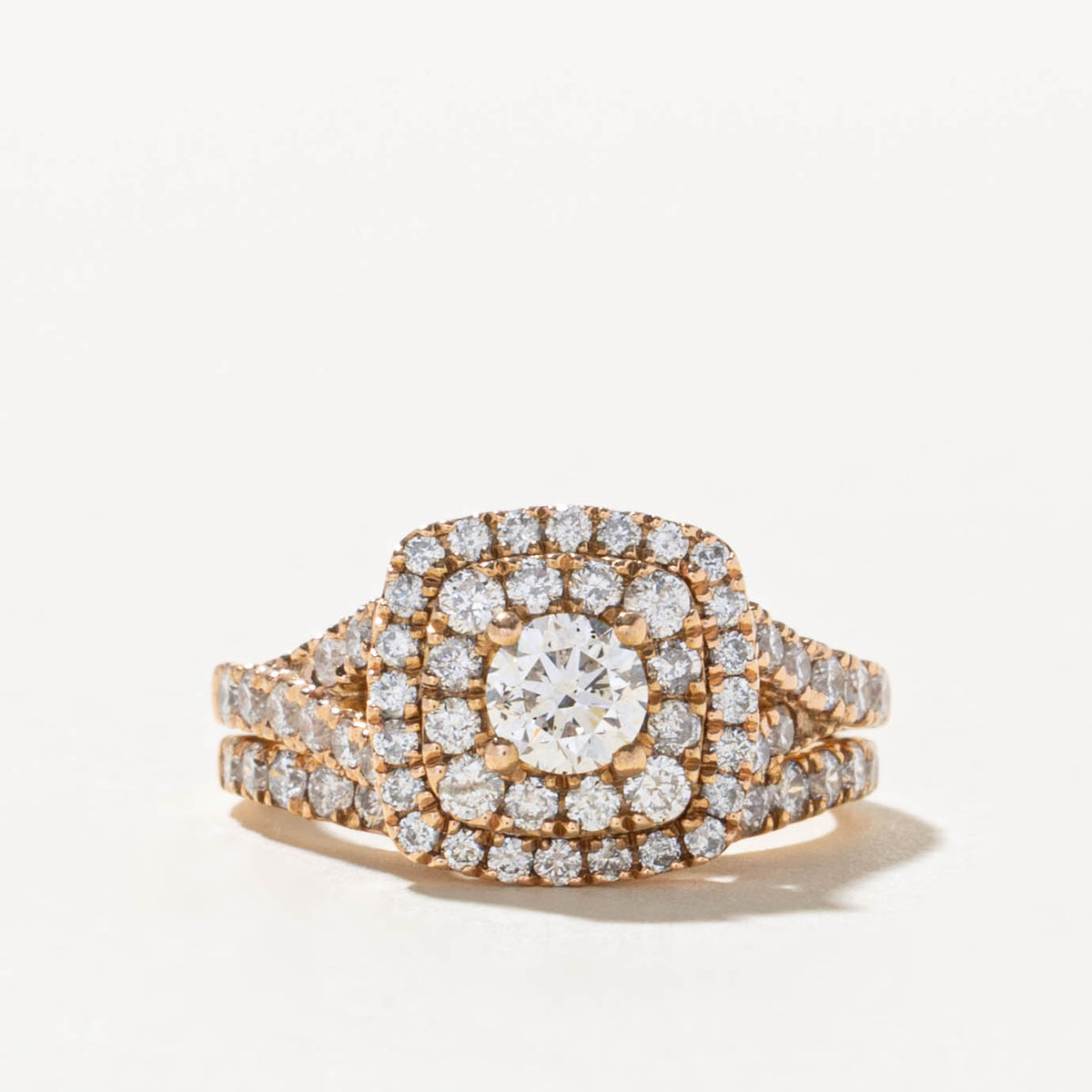 14k Diamond Double Halo Wedding Ring Set | 0.30ct SI2/I1 G/H, 0.88ctw | SZ 3.75