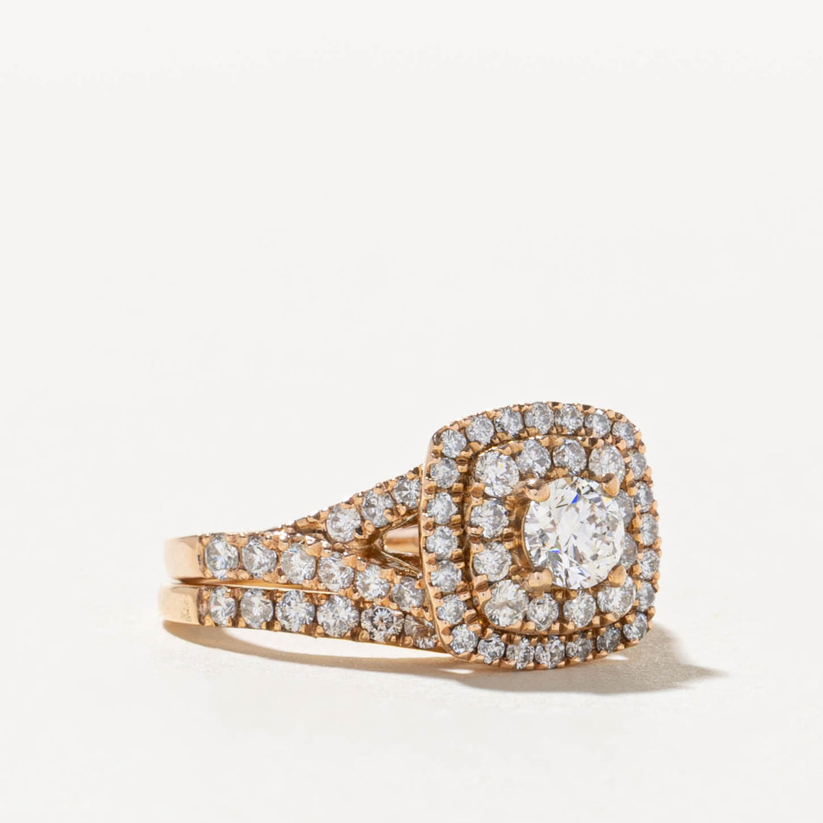 14k Diamond Double Halo Wedding Ring Set | 0.30ct SI2/I1 G/H, 0.88ctw | SZ 3.75