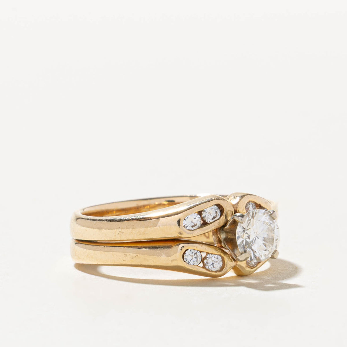 14k High Set Diamond Grooved Soldered Wedding Ring Set | 0.42ct VS2 H/I, 0.12ctw | SZ 6.5