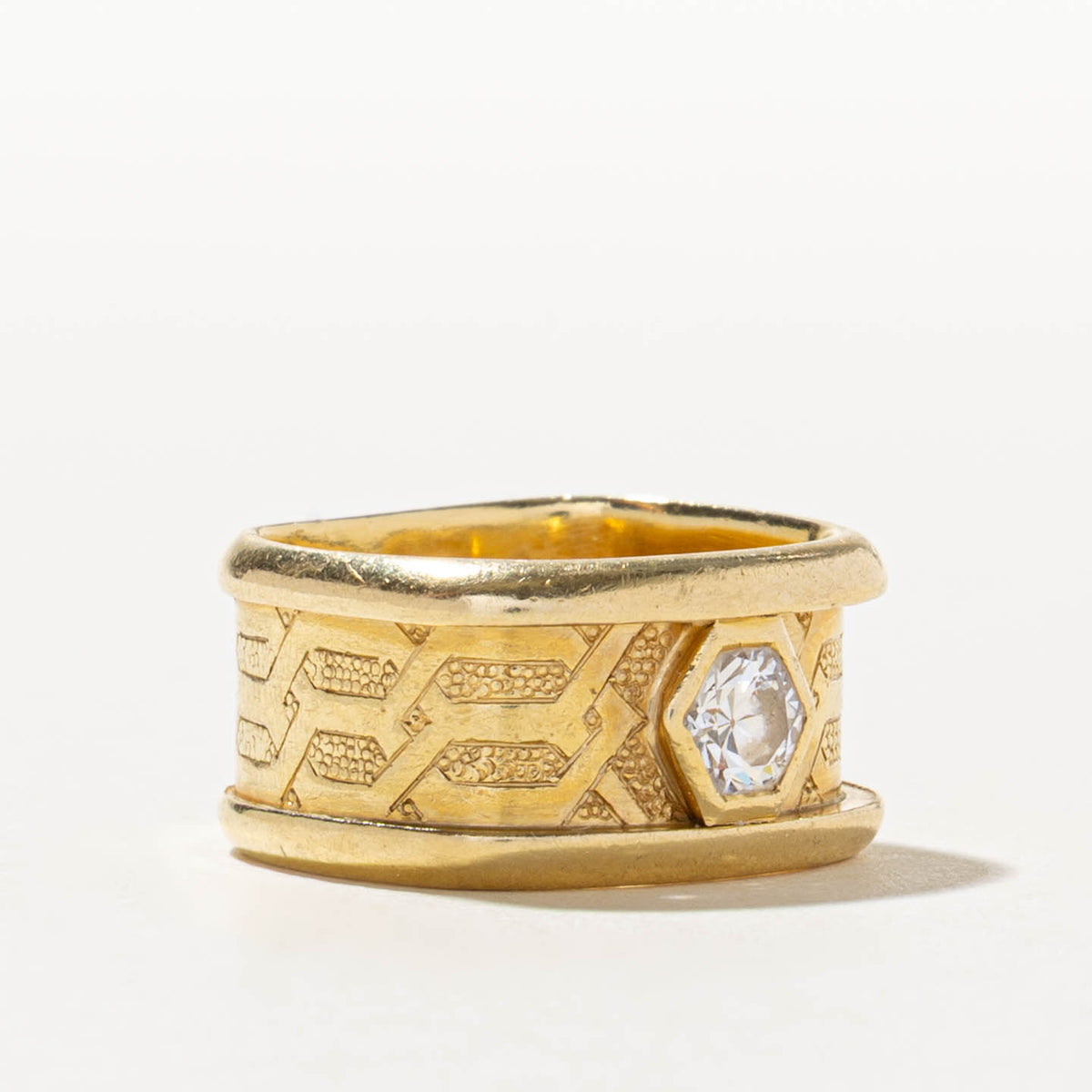 18k Solitaire Old European Cut Diamond Engraved Geometric Band | 0.45ct VS1/VS2 F/G | 10.25mm | SZ 5.25