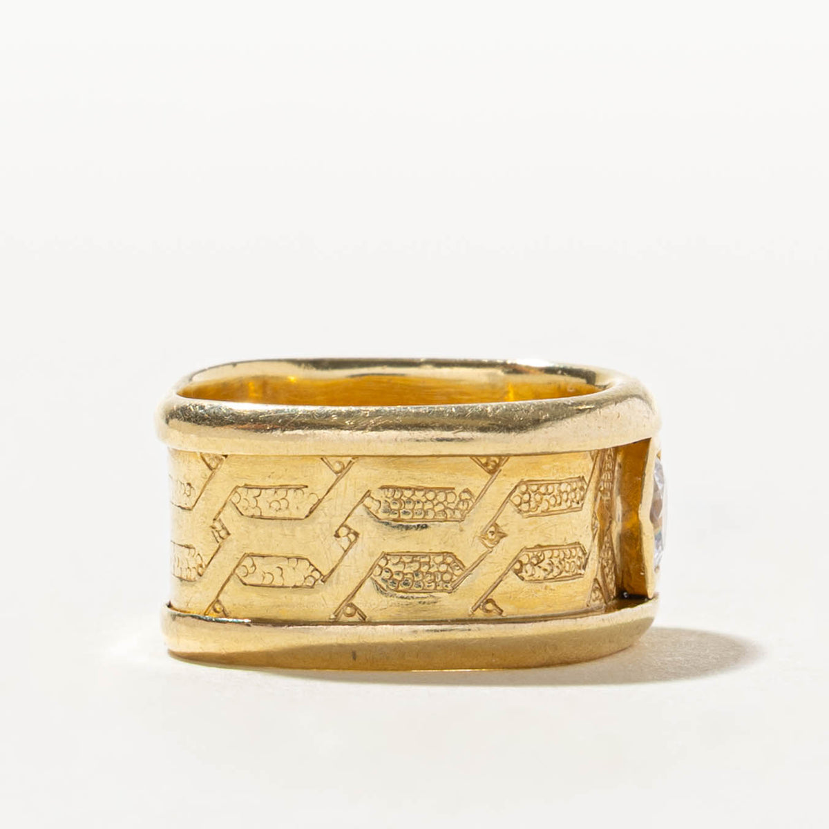 18k Solitaire Old European Cut Diamond Engraved Geometric Band | 0.45ct VS1/VS2 F/G | 10.25mm | SZ 5.25