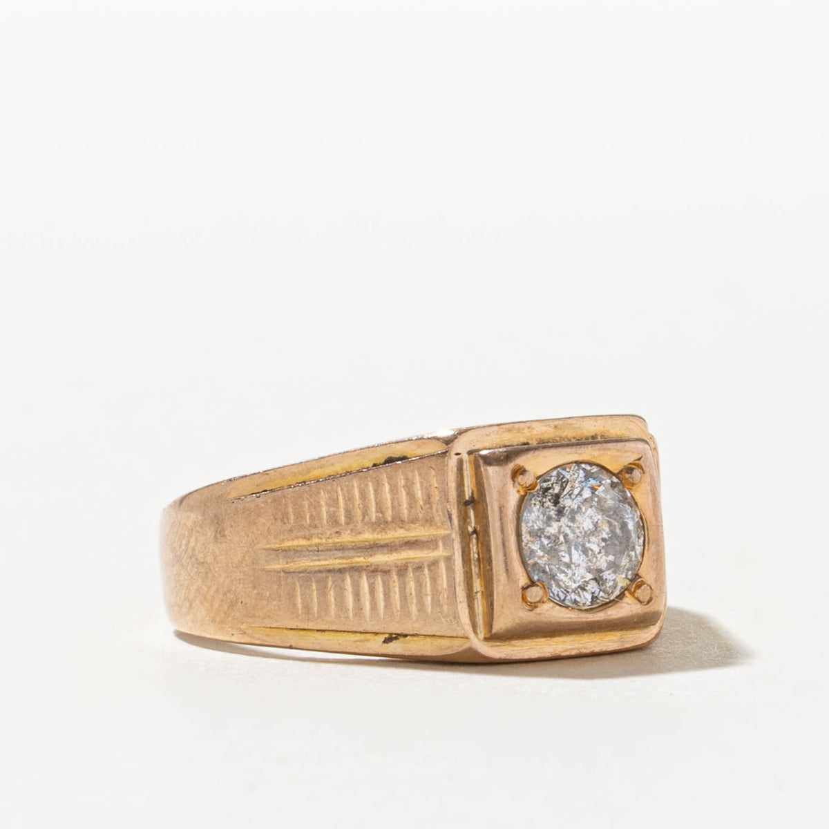 16k Solitaire Diamond Grooved Geometric Signet Ring | 0.65ct I3 K | SZ 7