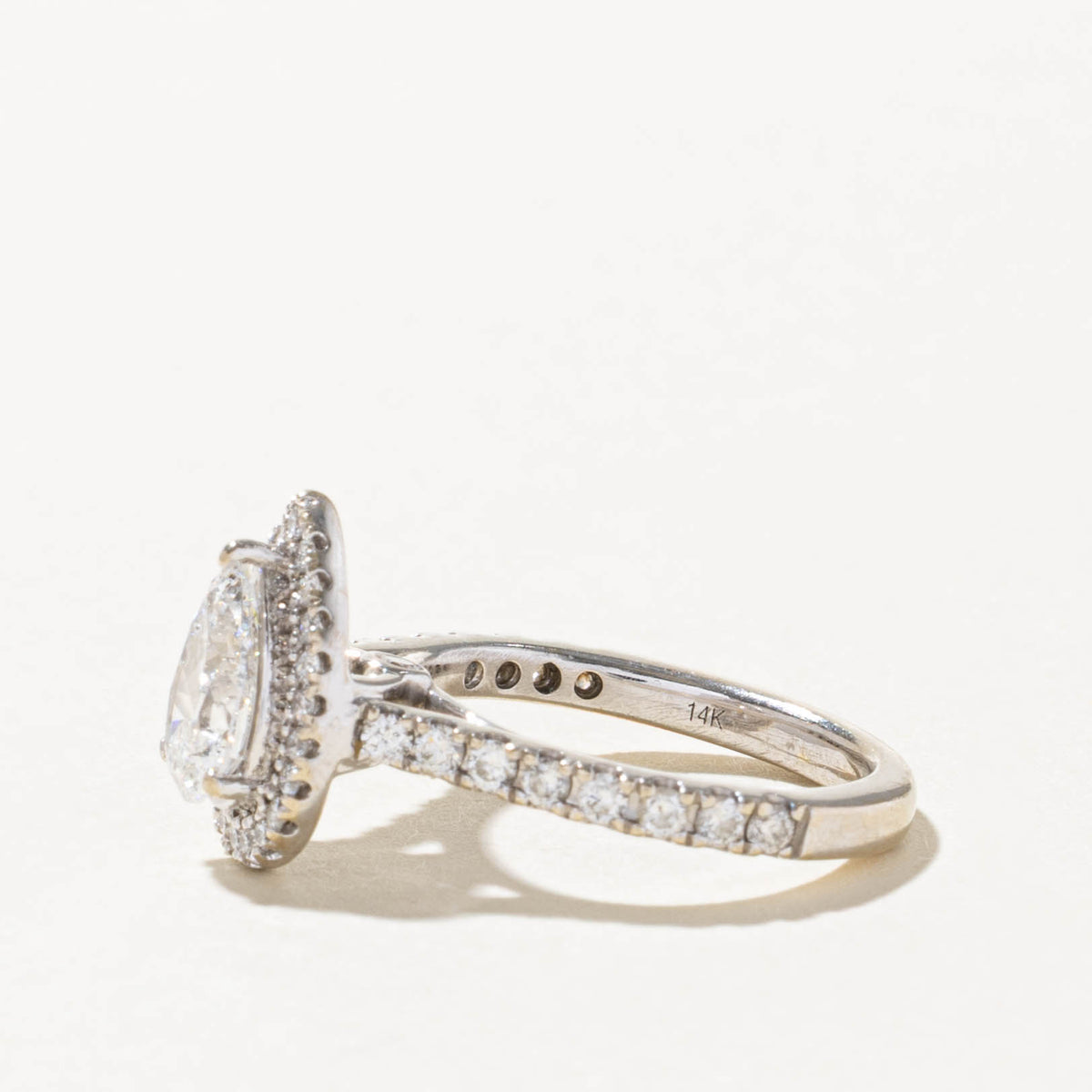 14k Pear Cut Diamond Halo Ring | 0.90ct SI2/I1 H, 0.48ctw | SZ 3.75