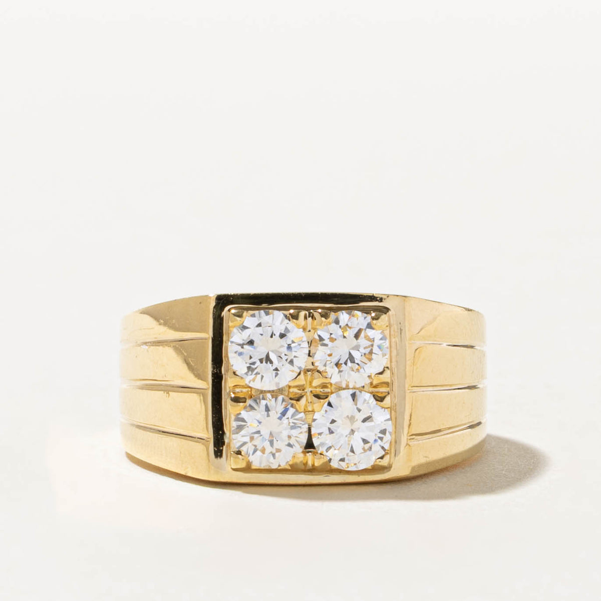 18k Four Stone Diamond Grid Grooved Signet Ring | 1.0ctw VS2 G | SZ 7