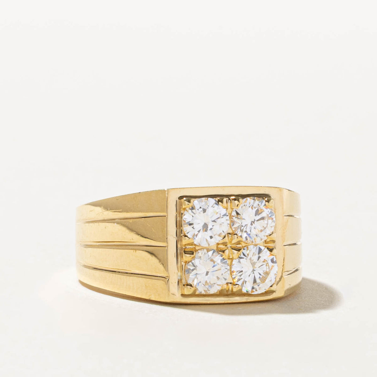 18k Four Stone Diamond Grid Grooved Signet Ring | 1.0ctw VS2 G | SZ 7