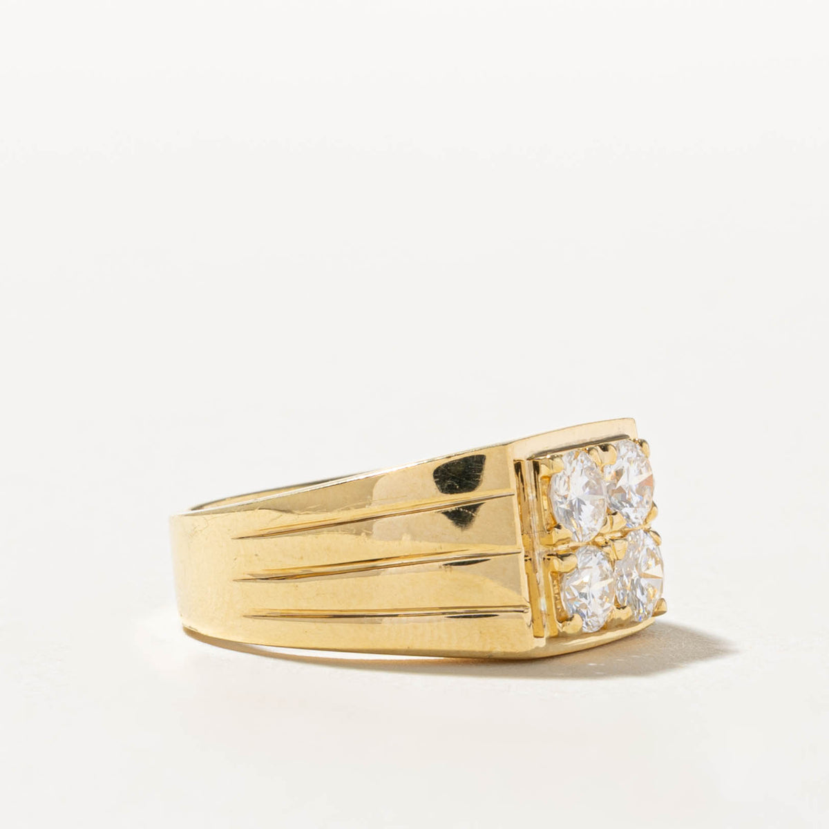 18k Four Stone Diamond Grid Grooved Signet Ring | 1.0ctw VS2 G | SZ 7