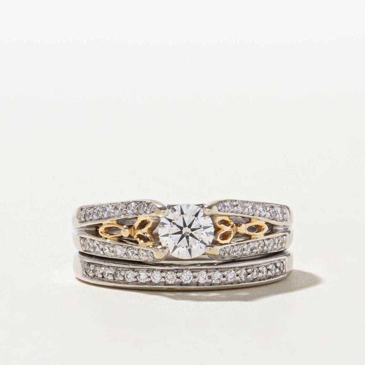 14k Two Tone Pave Set Diamond Scrollwork Soldered Wedding Ring Set | 0.50ct SI1 F, 0.30ctw | SZ 6
