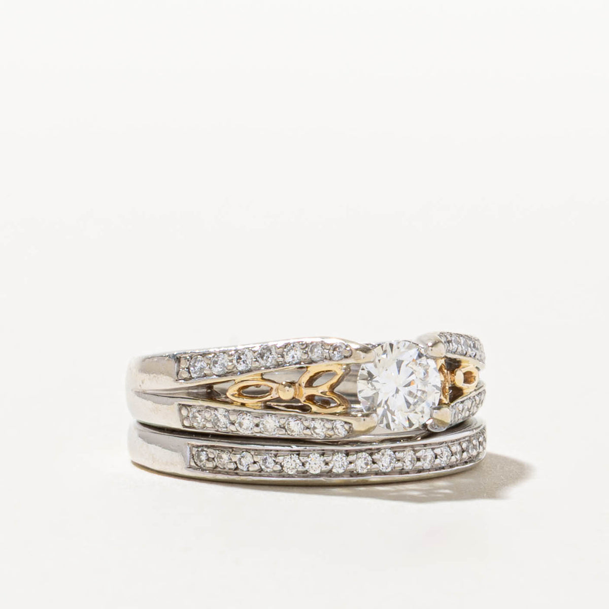 14k Two Tone Pave Set Diamond Scrollwork Soldered Wedding Ring Set | 0.50ct SI1 F, 0.30ctw | SZ 6