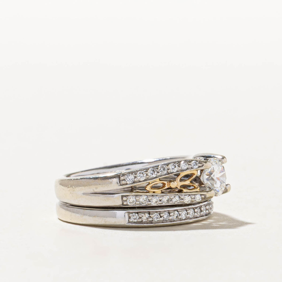 14k Two Tone Pave Set Diamond Scrollwork Soldered Wedding Ring Set | 0.50ct SI1 F, 0.30ctw | SZ 6