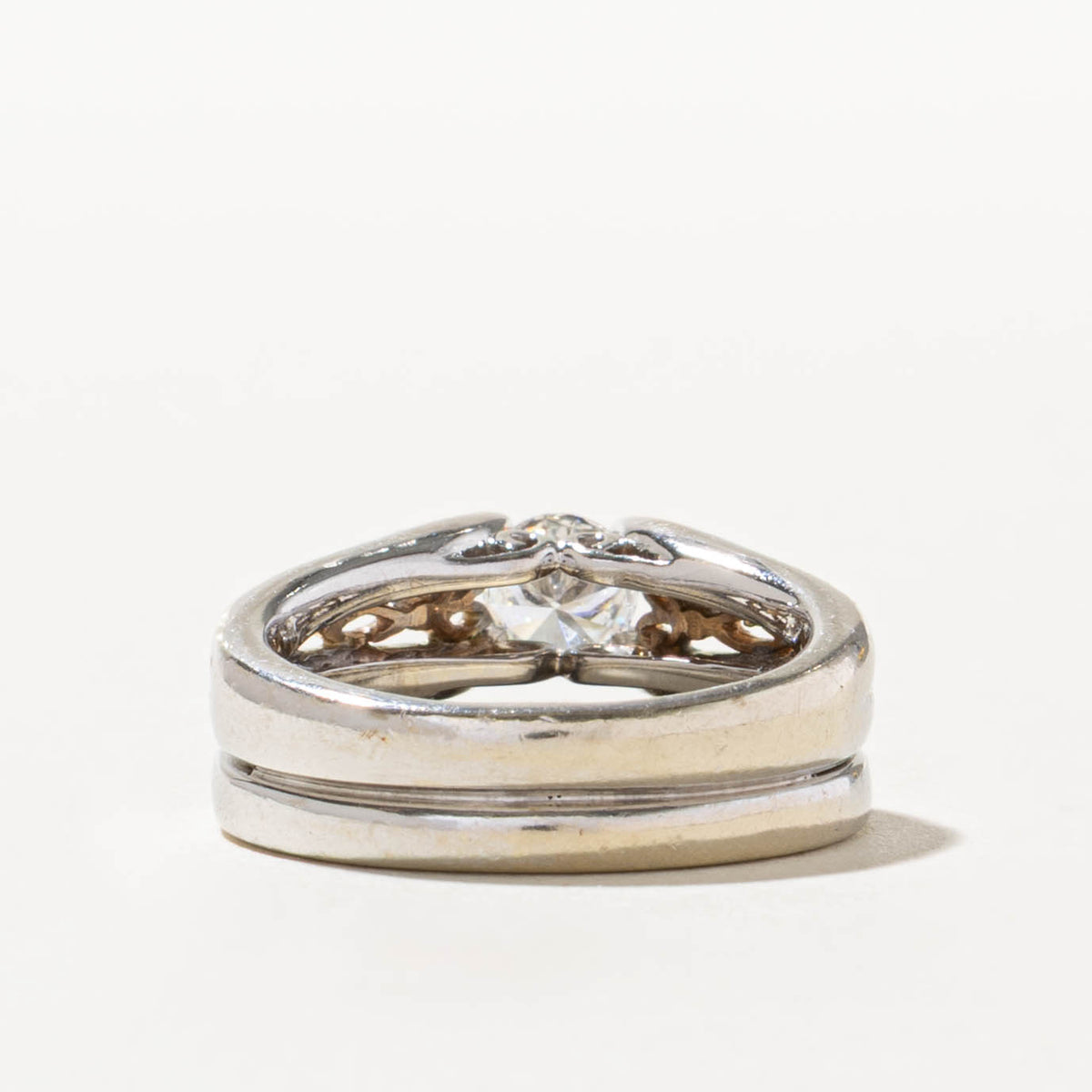 14k Two Tone Pave Set Diamond Scrollwork Soldered Wedding Ring Set | 0.50ct SI1 F, 0.30ctw | SZ 6