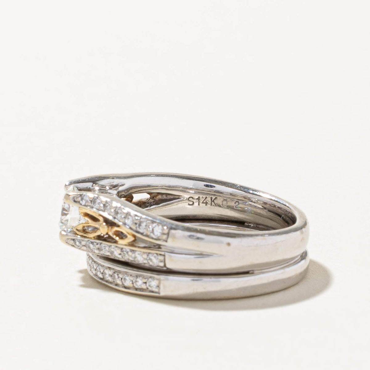 14k Two Tone Pave Set Diamond Scrollwork Soldered Wedding Ring Set | 0.50ct SI1 F, 0.30ctw | SZ 6