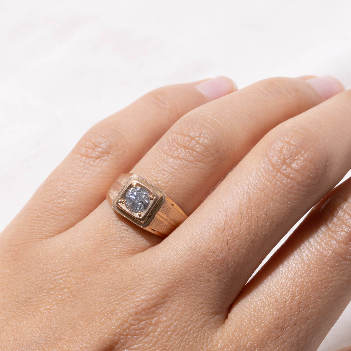 16k Solitaire Diamond Grooved Geometric Signet Ring | 0.65ct I3 K | SZ 7