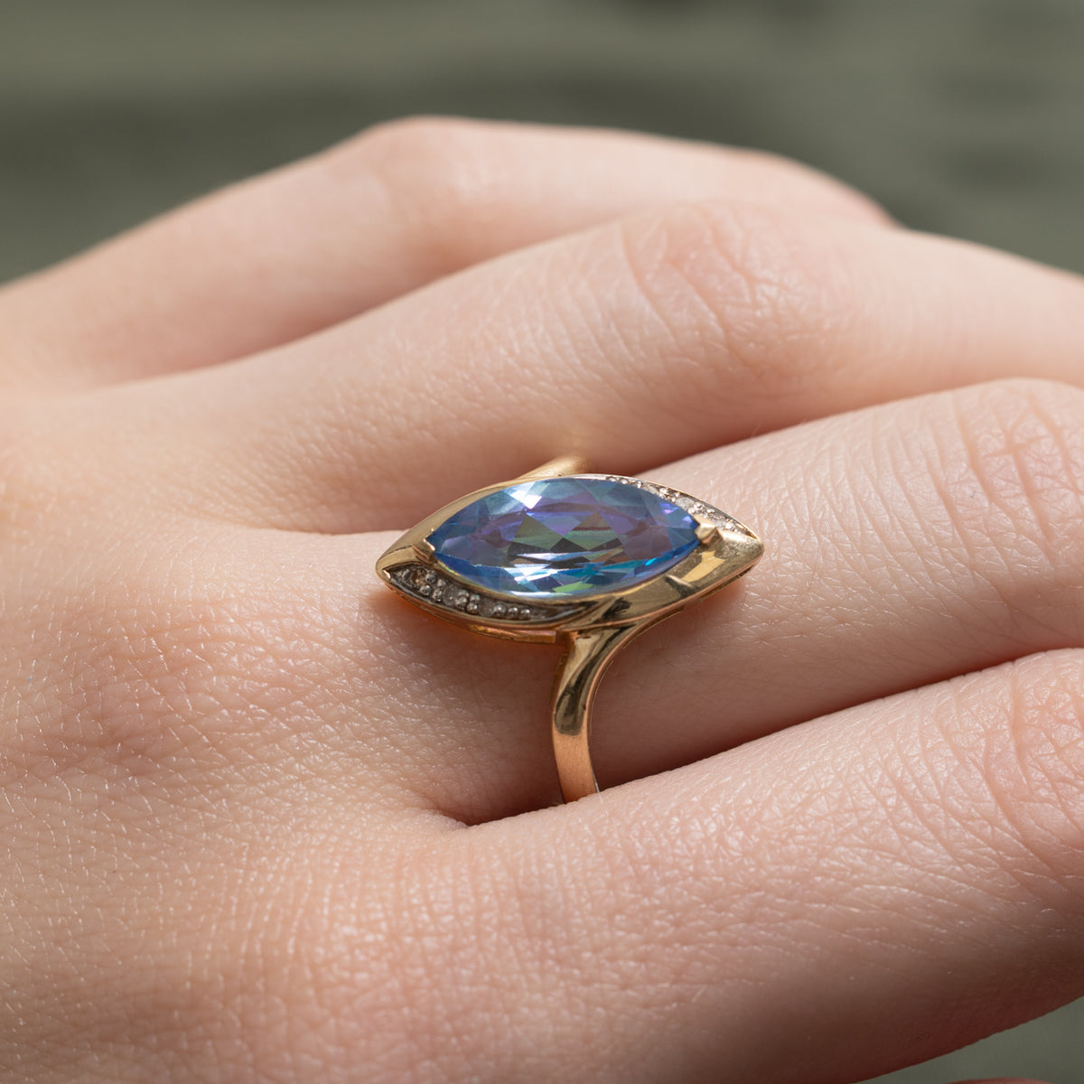 10k Marquise Cut Mystic Topaz & Diamond Halo Ring | 2.75ct, 0.01ctw | SZ 7