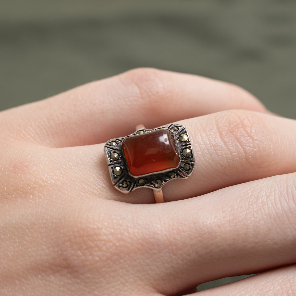 Art Deco Carnelian & Marcasite Halo Geometric Ring | 2.54ctw | SZ 5.5