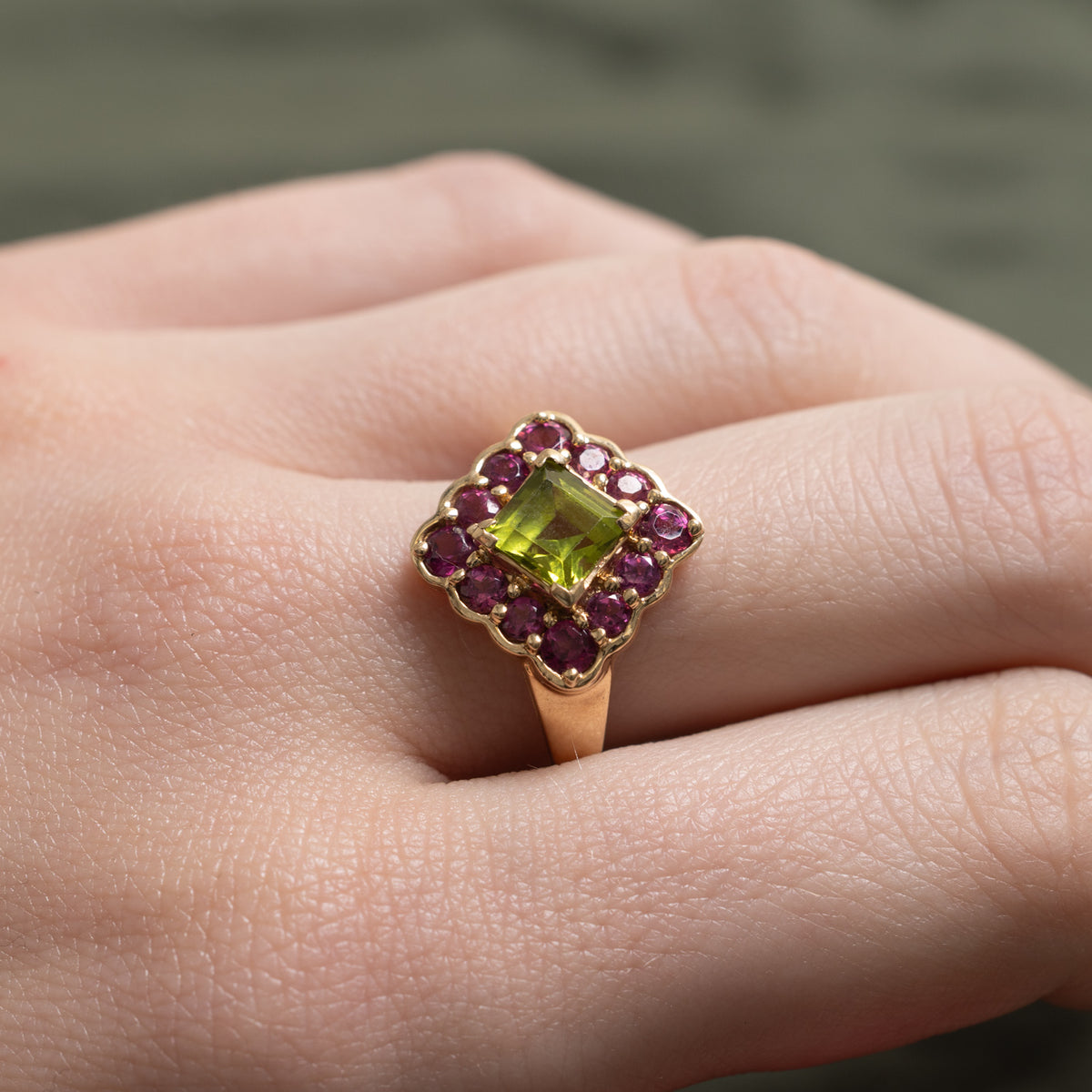 10k Peridot & Pink Tourmaline Halo Scalloped Ring | 2.50ctw | SZ 8
