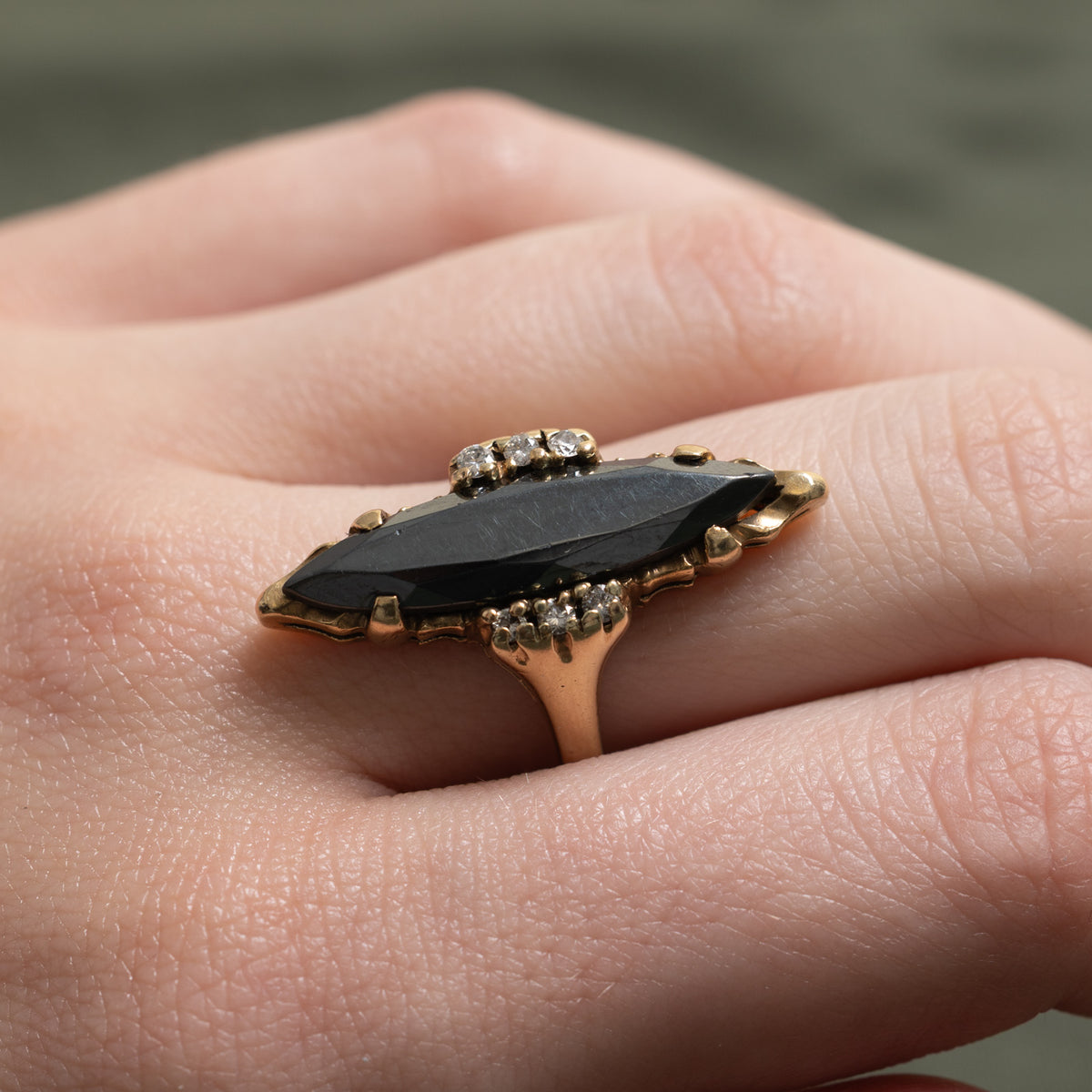 10k Hematite & Diamond Accented Navette Ring | 4.00ct, 0.12ctw | SZ 6.75