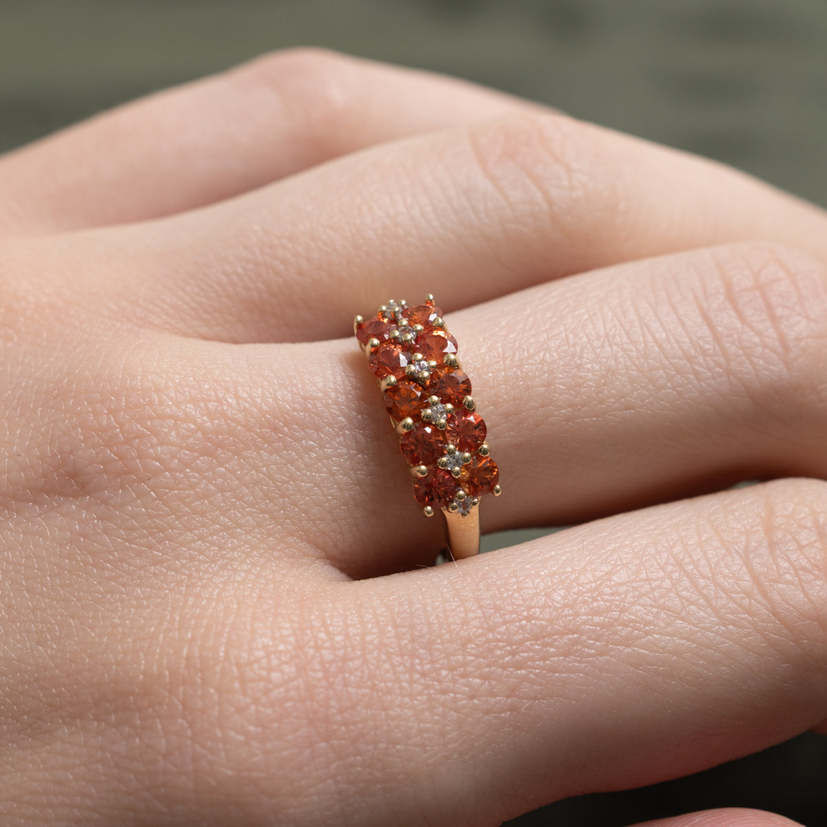 10k Double Row Synthetic Orange Sapphire & Diamond Ring | 1.10ctw, 0.06ctw | SZ 7