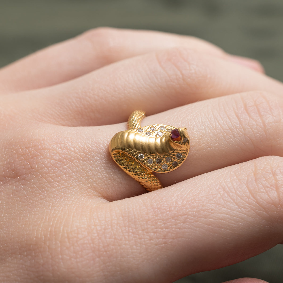 18k Ruby & Diamond Textured Anaconda Snake Ring | 0.04ct, 0.08ctw | SZ 5.75