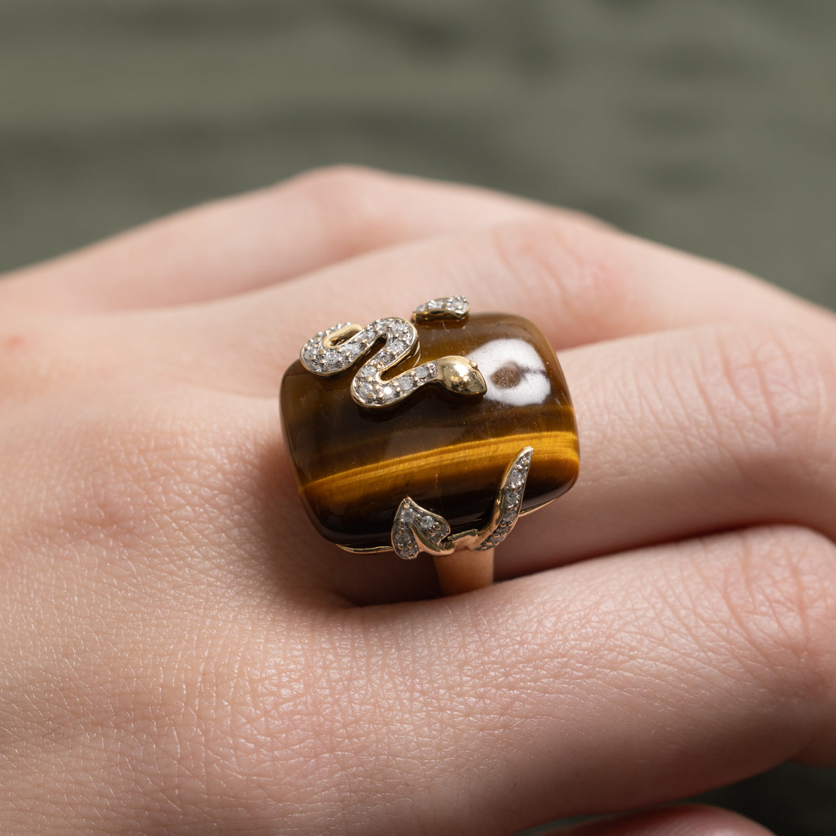 14k Tigers Eye & Diamond Snake Wrapped Cocktail Ring | 16.50ct, 0.06ctw | SZ 7.25